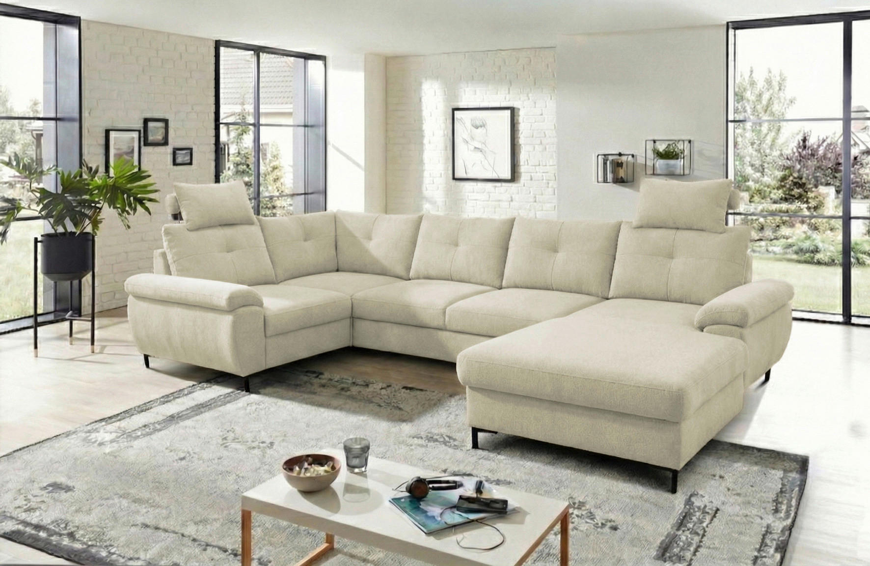 WOHNLANDSCHAFT SOLEI U in Chenille Beige  - Beige/Schwarz, Design, Kunststoff/Textil (184/334/188cm) - MID.YOU