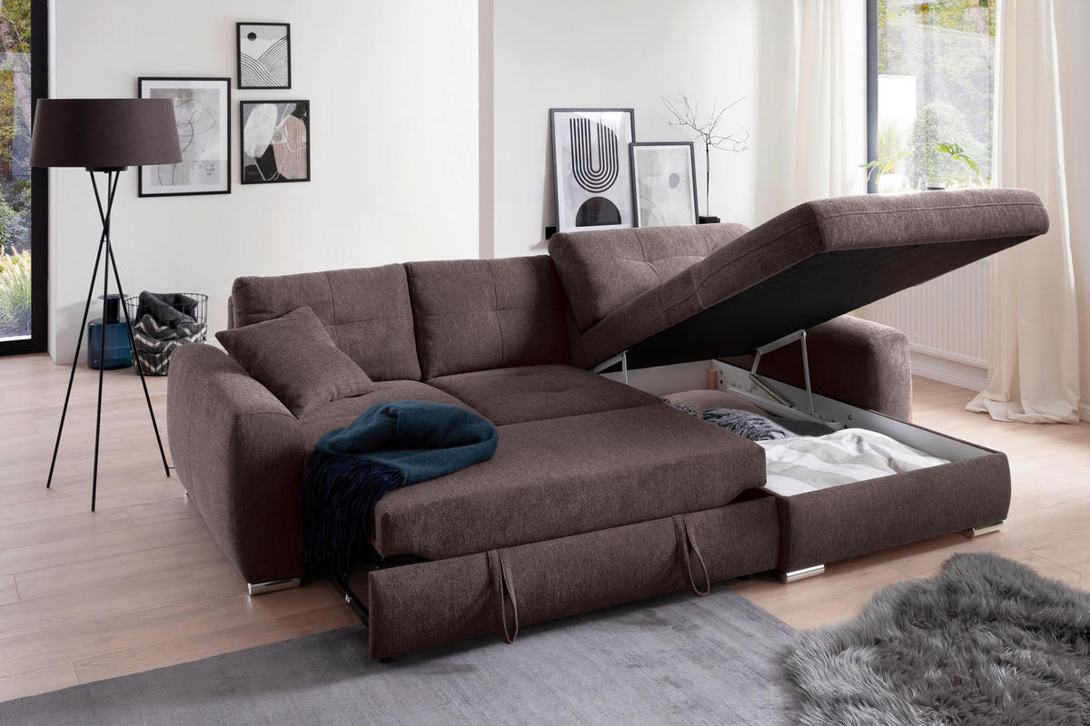 ECKSOFA in Mikrofaser Braun  276/193 cm  - Chromfarben/Braun, MODERN, Kunststoff/Textil (276/193cm) - Hom`in