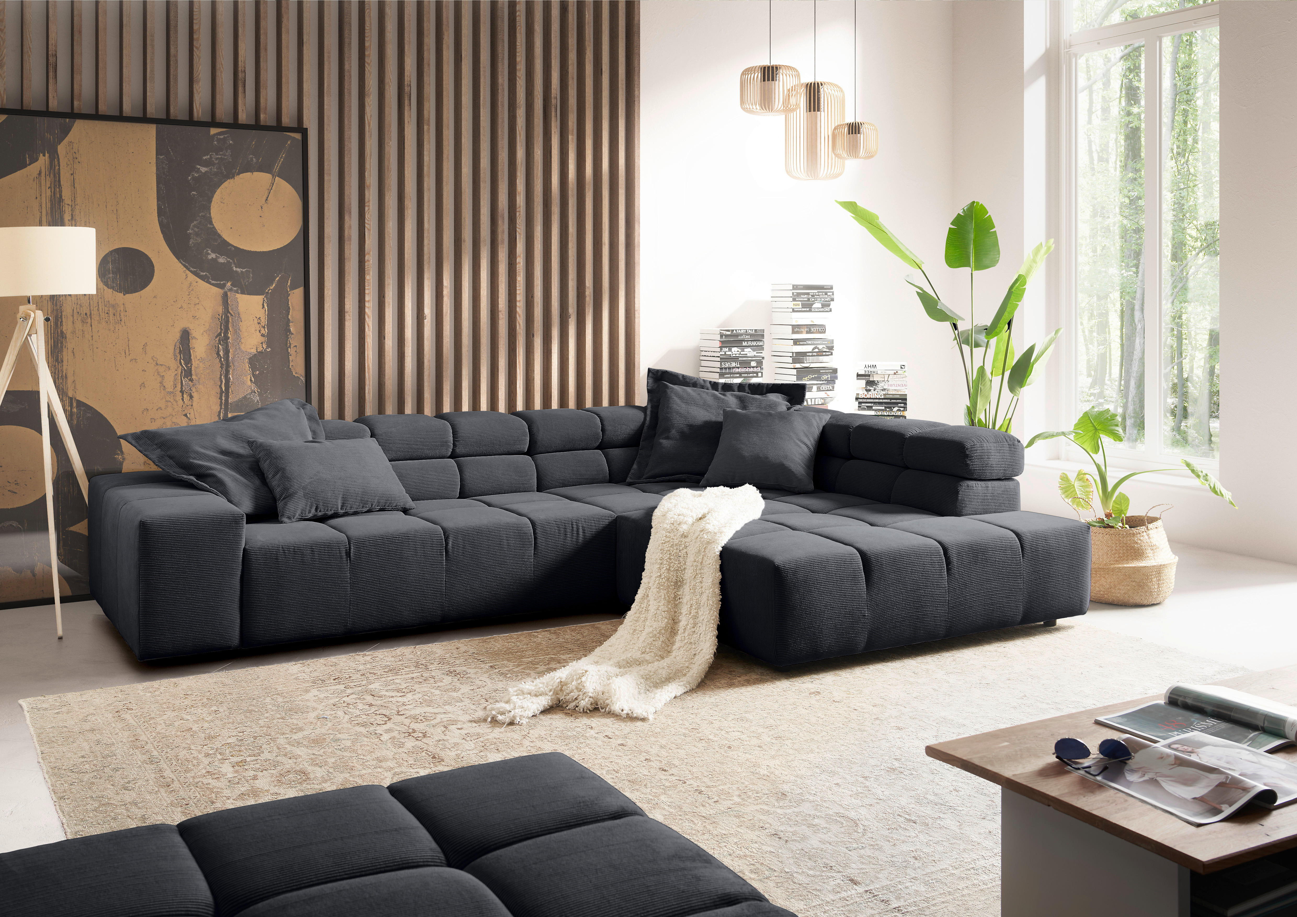 ECKSOFA in Cord Anthrazit  319/215 cm  - Anthrazit/Schwarz, Design, Kunststoff/Textil (319/215cm) - Hom`in