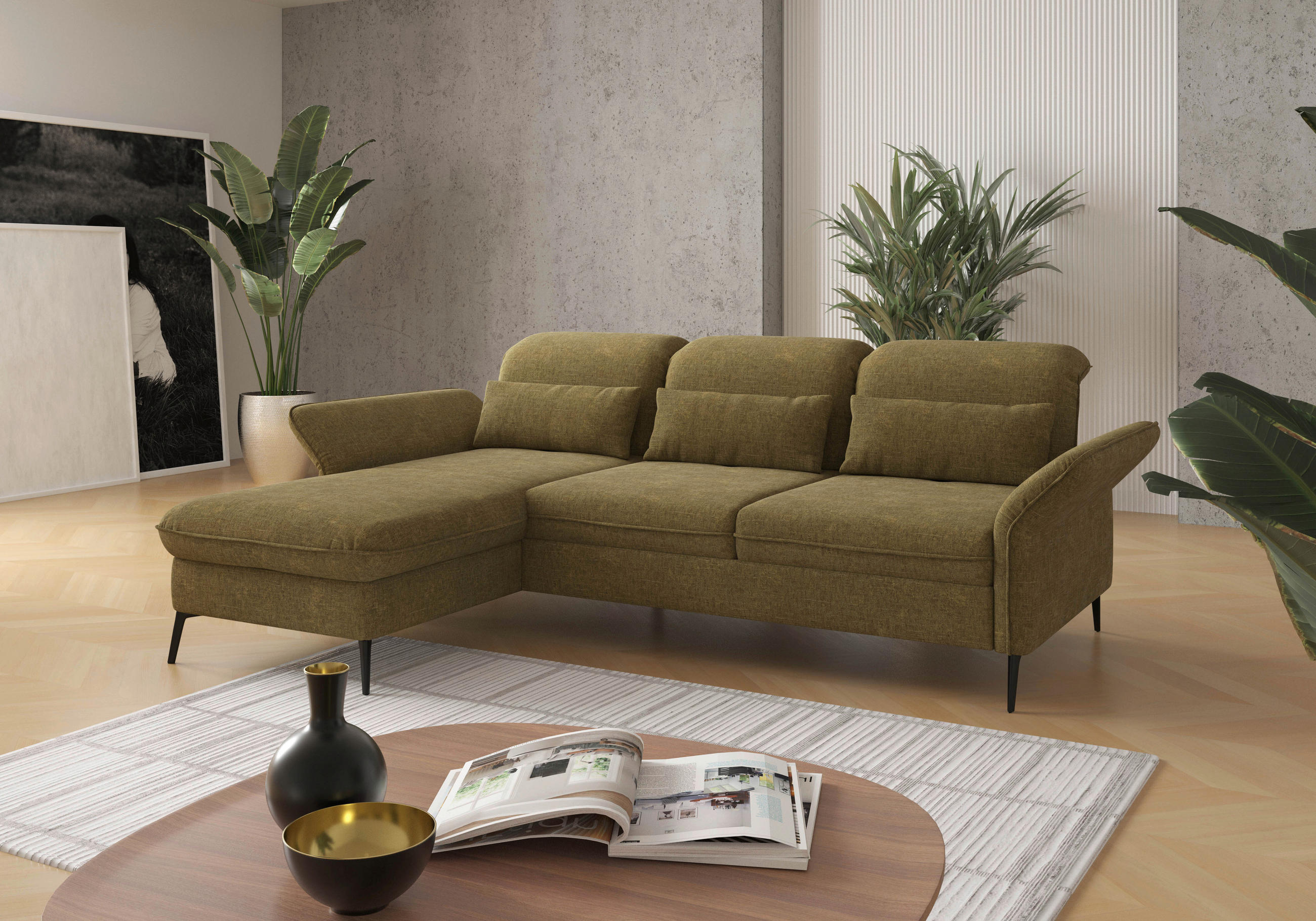 ECKSOFA Olivgrün Flachgewebe Armteilverstellung, Kopfteilverstellung, Sitztiefenverstellung  - Schwarz/Olivgrün, KONVENTIONELL, Textil/Metall (198/264cm) - Sit & More