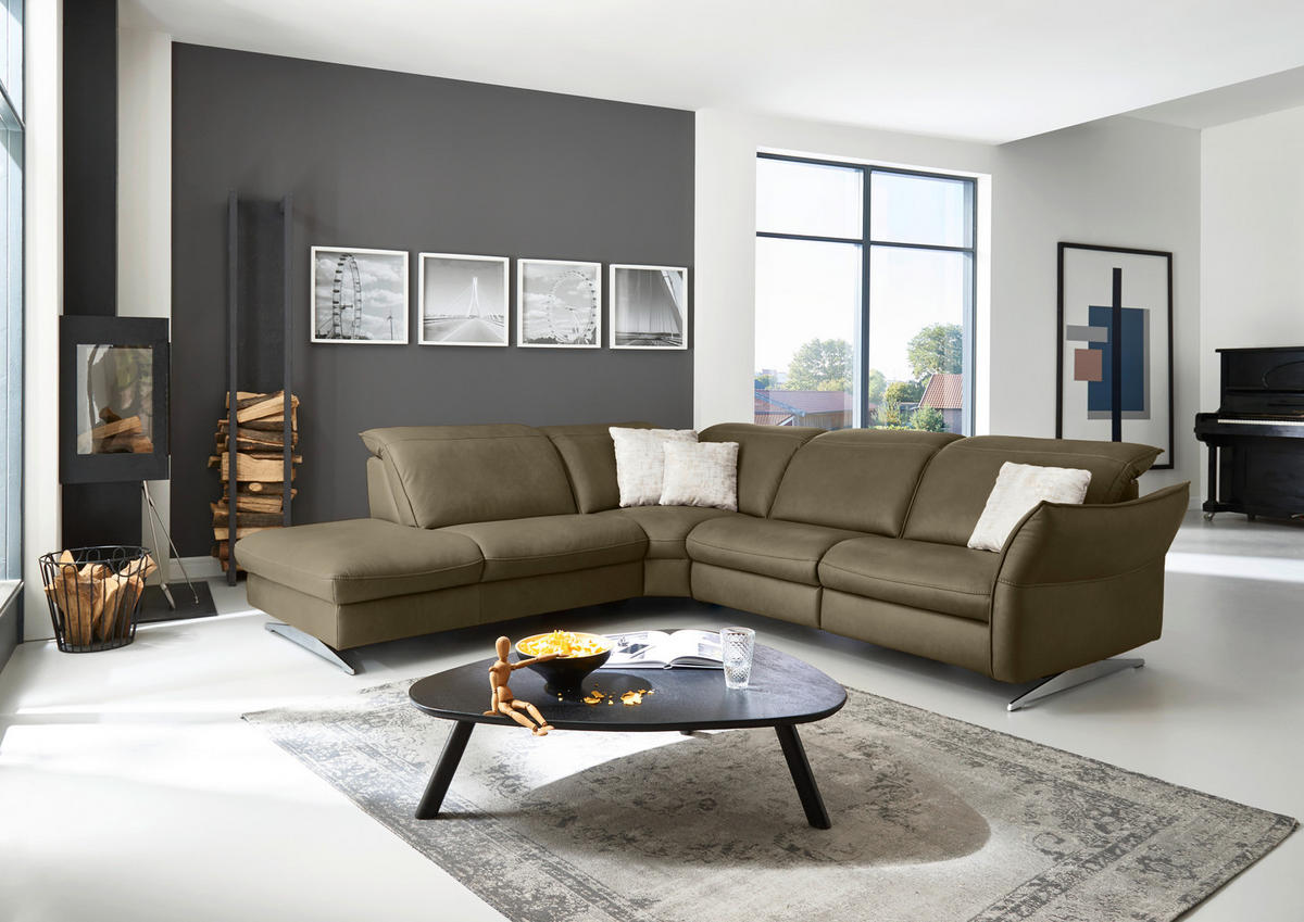 ECKSOFA in Echtleder Mokka  - Edelstahlfarben/Orange, Design, Leder/Metall (258/292cm) - Hukla