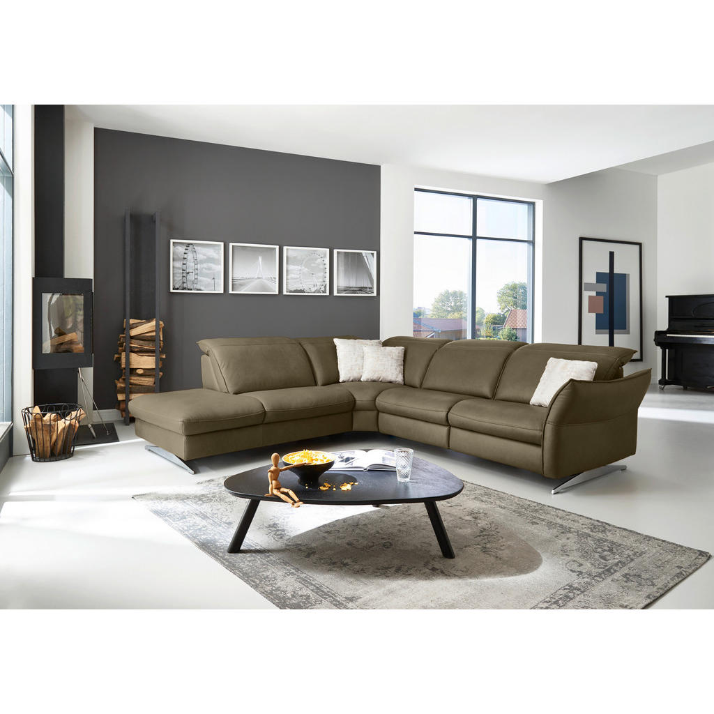 Thumbnail - Hukla Ecksofa Valdera, Mokka, Leder, Echtleder, Semi-Anilinleder, 4-Sitzer, Ottomane links, L-Form, 292x258 cm, Goldenes...