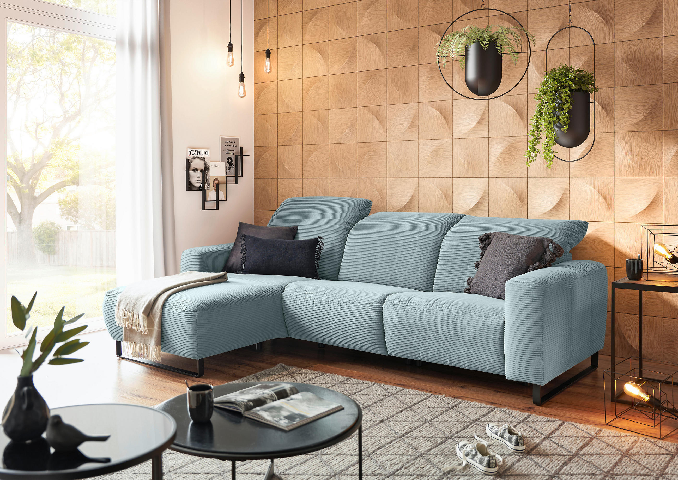 ECKSOFA in Cord Hellblau  - Schwarz/Hellblau, Konventionell, Textil/Metall (180/266cm) - Hom`in