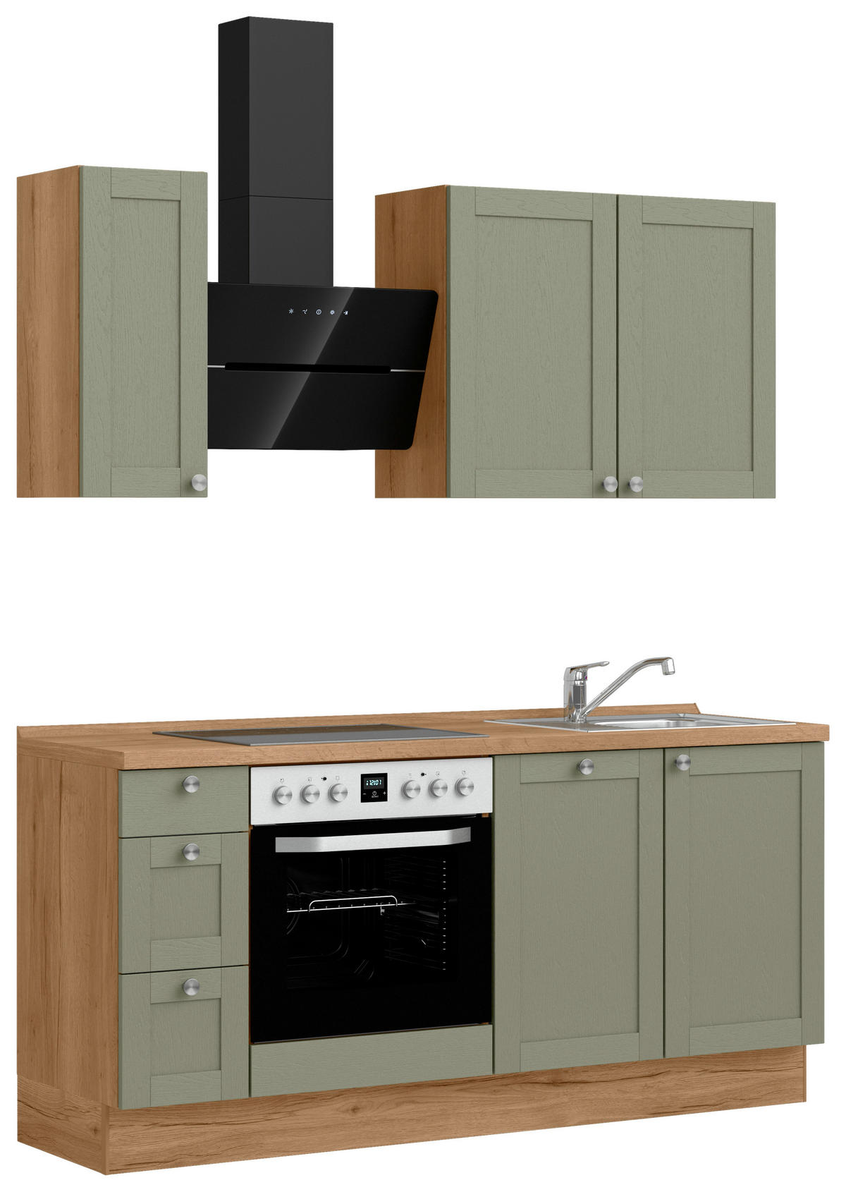 KÜCHENBLOCK Frame 180 cm  in Eichefarben, Olivgrün  - Edelstahlfarben/Eichefarben, MODERN, Holzwerkstoff/Metall (180cm) - Nobilia