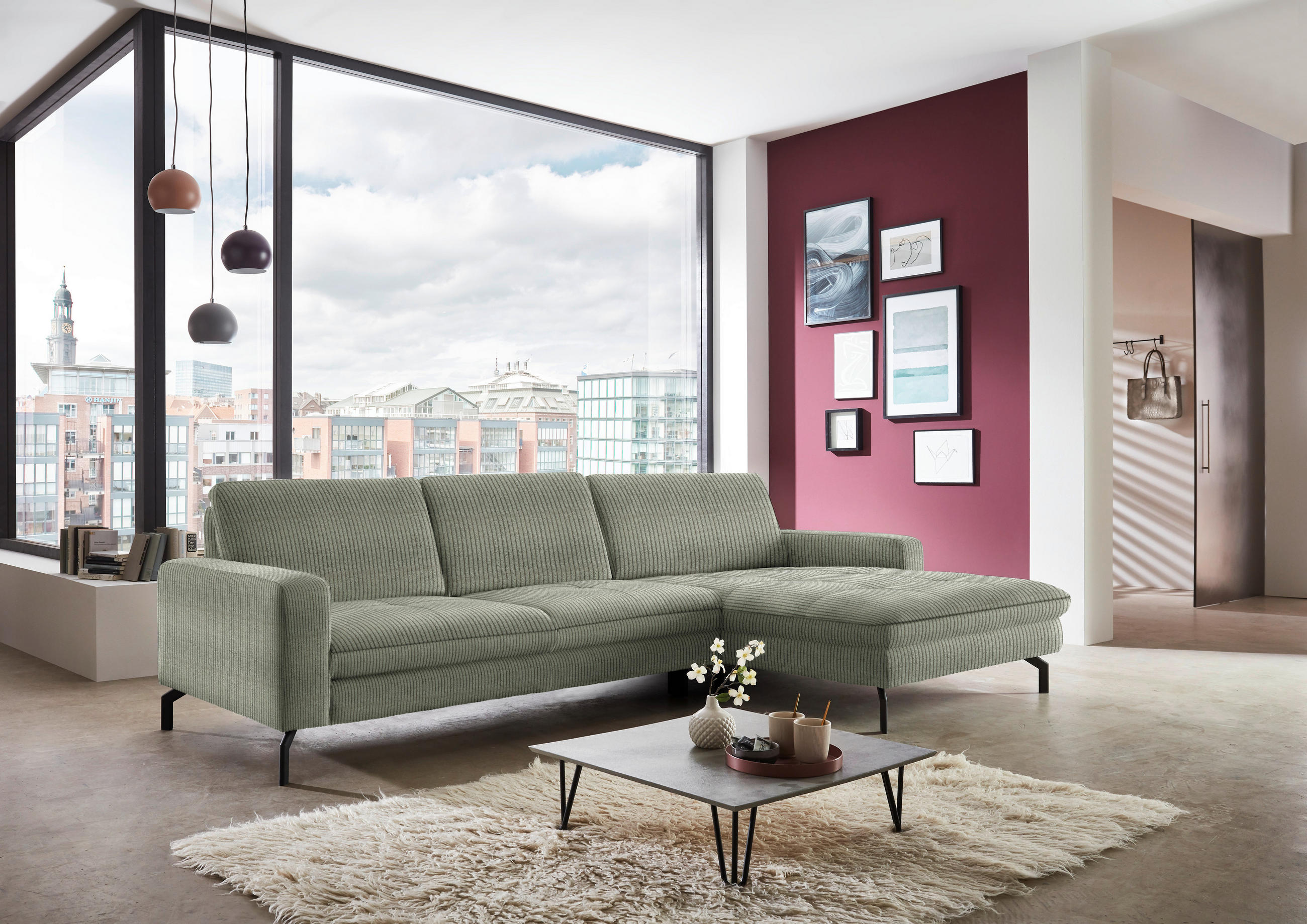 ECKSOFA in Cord Grün  - Schwarz/Grün, Design, Textil/Metall (302/178cm) - Beldomo Style