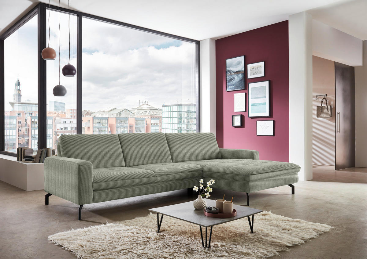 ECKSOFA in Cord Grün  - Schwarz/Grün, Design, Textil/Metall (302/178cm) - Beldomo Style