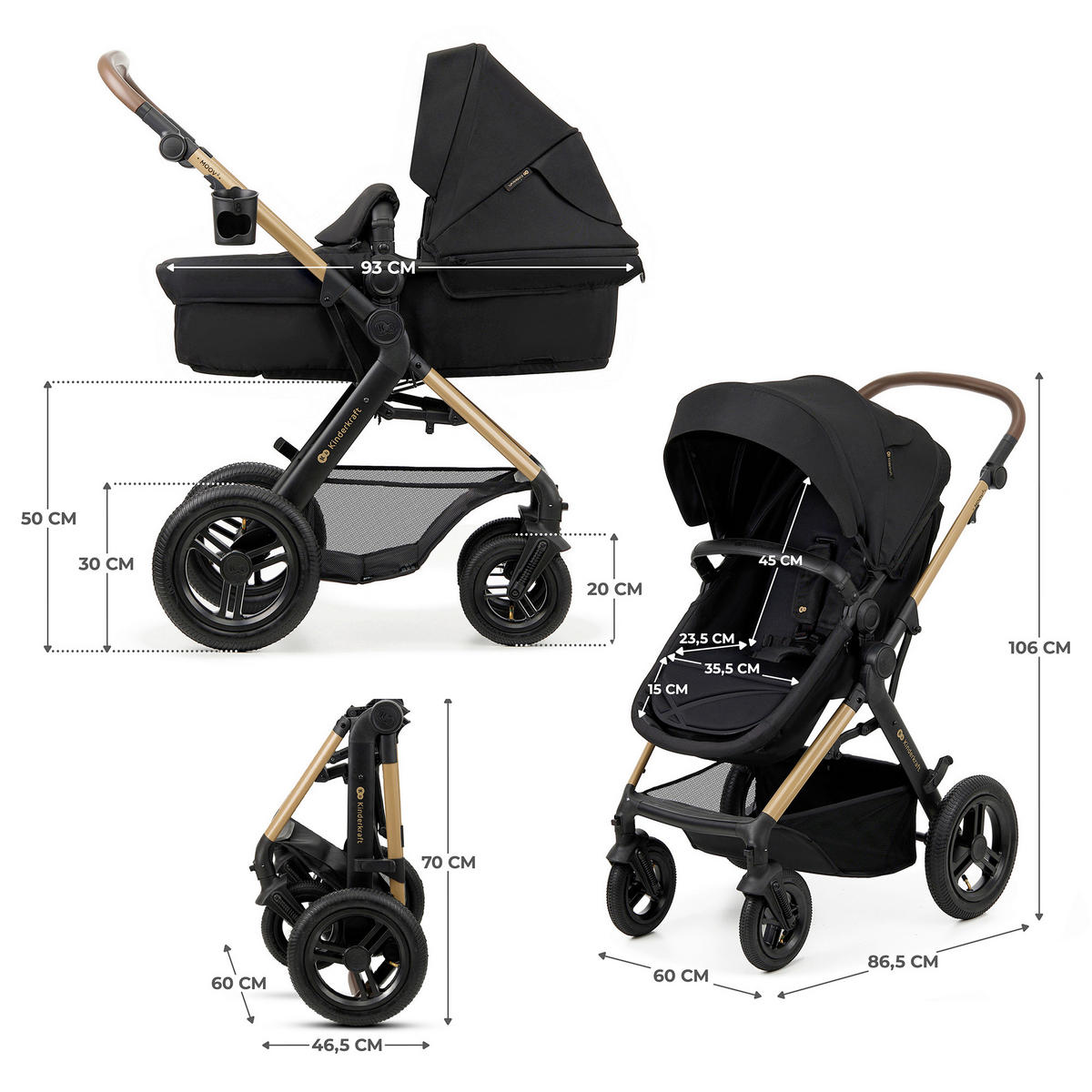 KINDERWAGENSET Moov 2 Air  - Goldfarben/Schwarz, Basics, Textil/Metall (60/86.5/106cm) - Kinderkraft