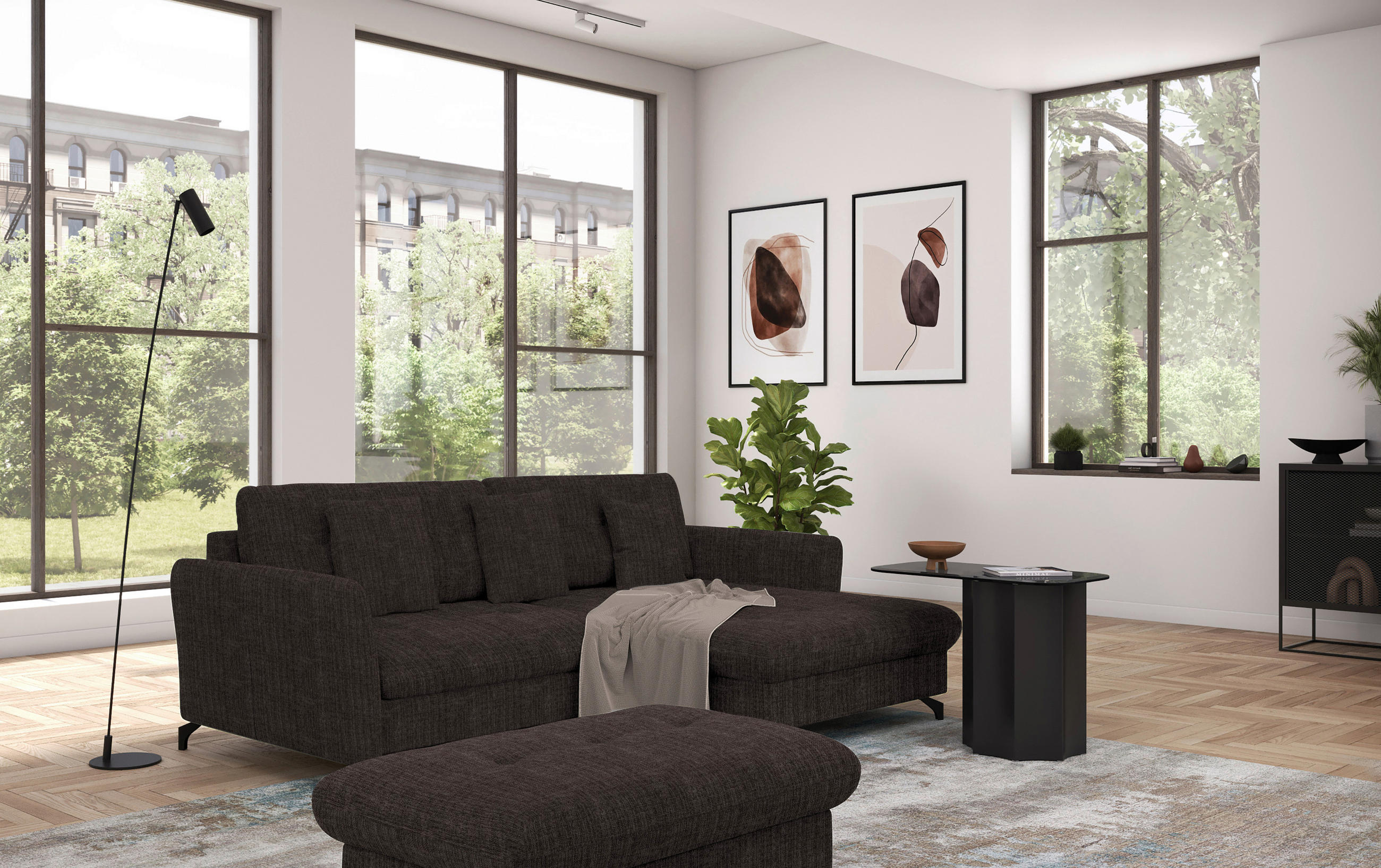 ECKSOFA in Flachgewebe, Leinenoptik Dunkelbraun  - Dunkelbraun/Schwarz, Design, Textil/Metall (242/170cm) - Xora