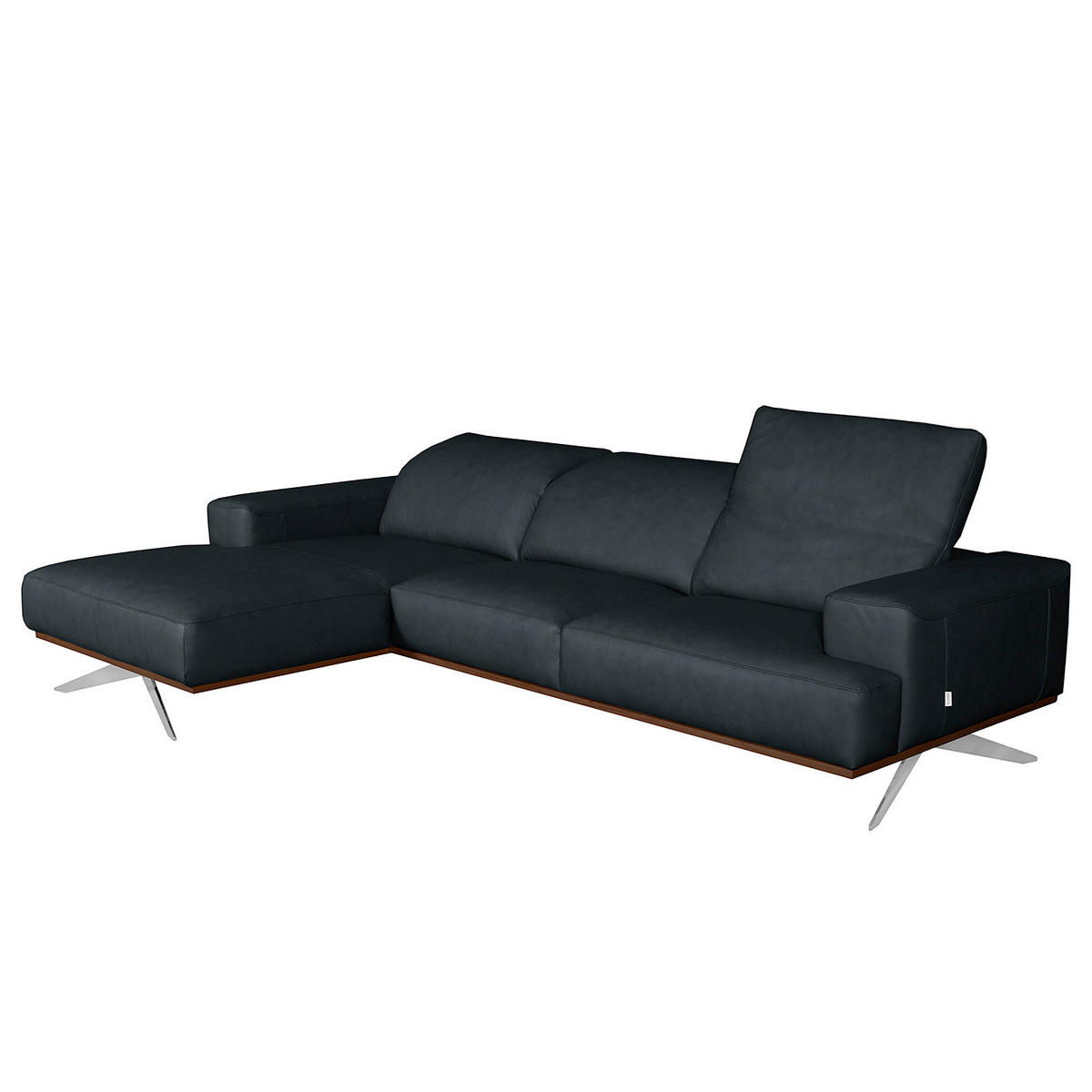 ECKSOFA  in Echtleder Blau Rücken echt, Kopfteilverstellung  187/295 cm  - Chromfarben/Blau, Design, Leder/Metall (187/295cm) - Livetastic