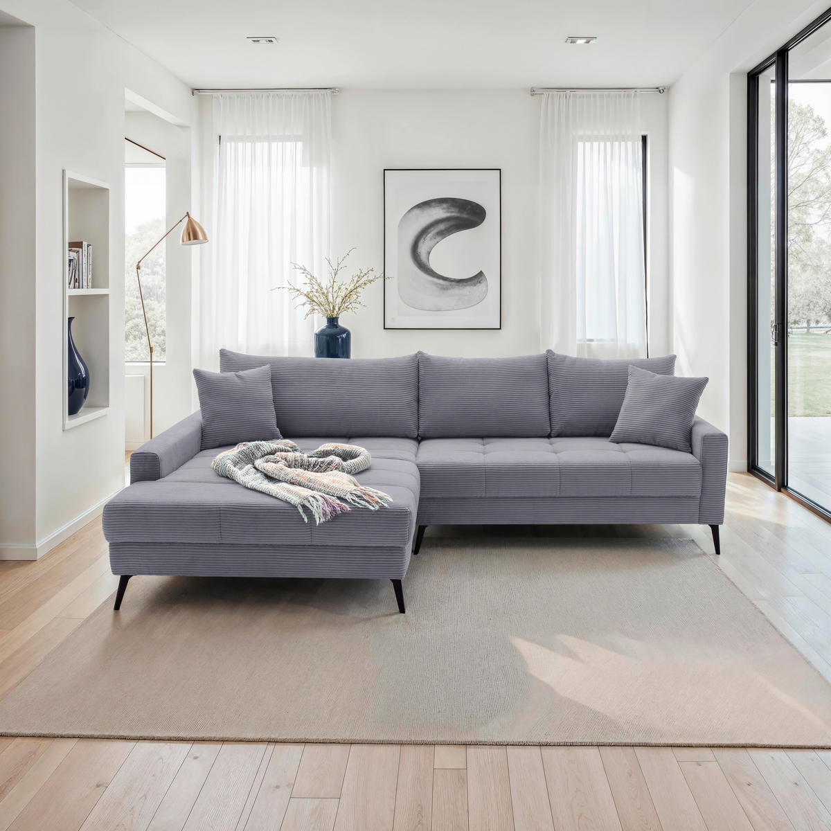 ECKSOFA Grau Cord  - Schwarz/Grau, KONVENTIONELL, Textil/Metall (173/280cm) - Hom`in