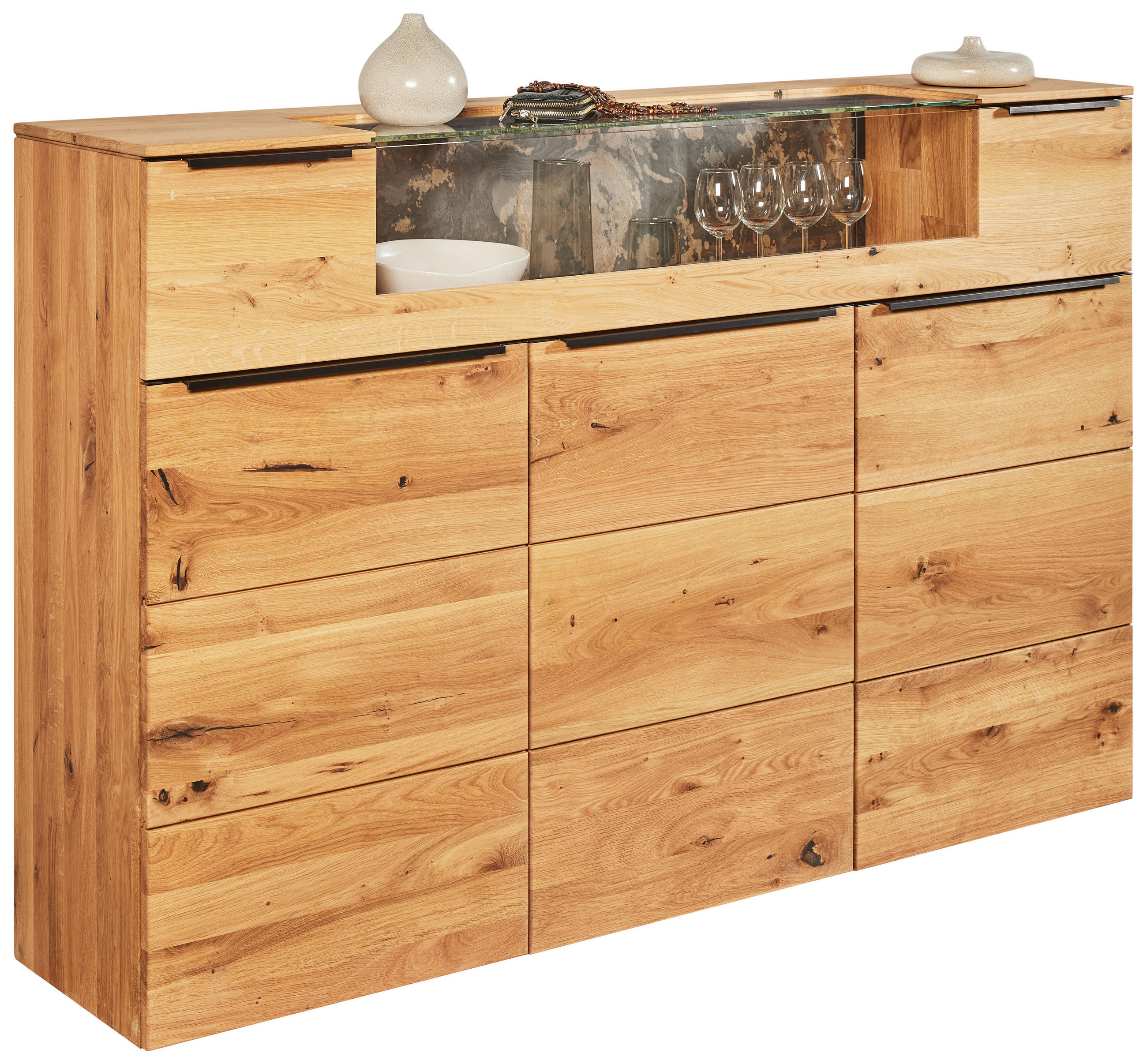 HIGHBOARD Eichefarben  180/119,3/39,5 cm  - Eichefarben/Schwarz, Natur, Glas/Holz (180/119,3/39,5cm) - Valnatura