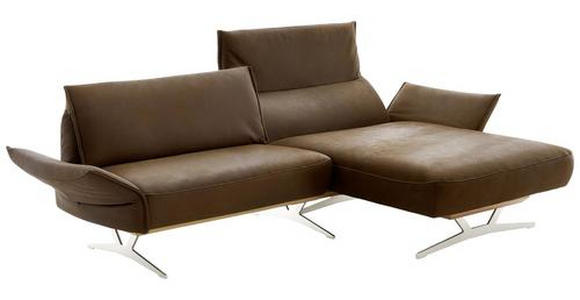Wohnlandschaft m. Drehfunktion Braun Echtleder - Beige/Silberfarben, Natur, Leder/Holz (254/158-193cm) - Ambiente