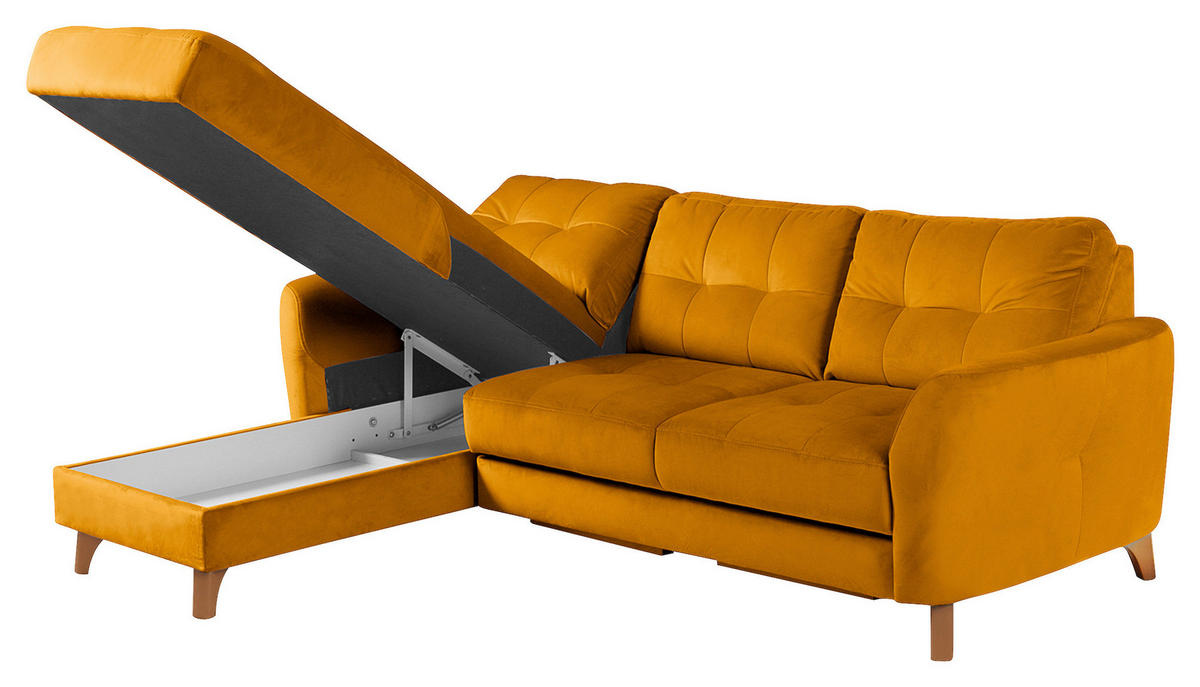 ECKSOFA Gelb Samt Bettkasten, Schlaffunktion, Liegefläche im Originalstoff  - Gelb/Buchefarben, Design, Holz/Textil (168/238cm) - Livetastic