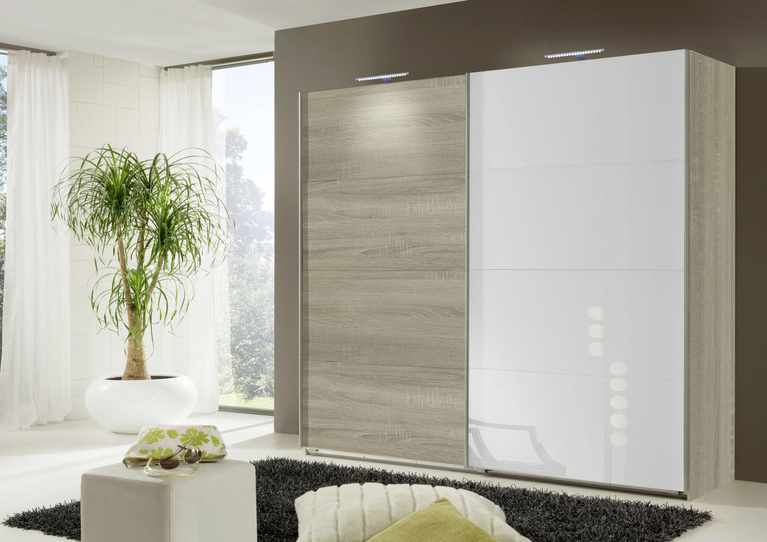 SCHWEBETÜRENSCHRANK 225/210/65 cm 2-türig Weiß, Eichefarben  - Eichefarben/Weiß, Design, Glas/Holzwerkstoff (225/210/65cm) - Livetastic