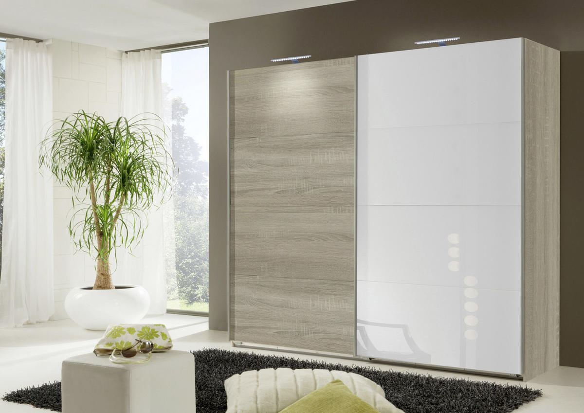 SCHWEBETÜRENSCHRANK 225/210/65 cm 2-türig Weiß, Eichefarben  - Eichefarben/Weiß, Design, Glas/Holzwerkstoff (225/210/65cm) - Livetastic