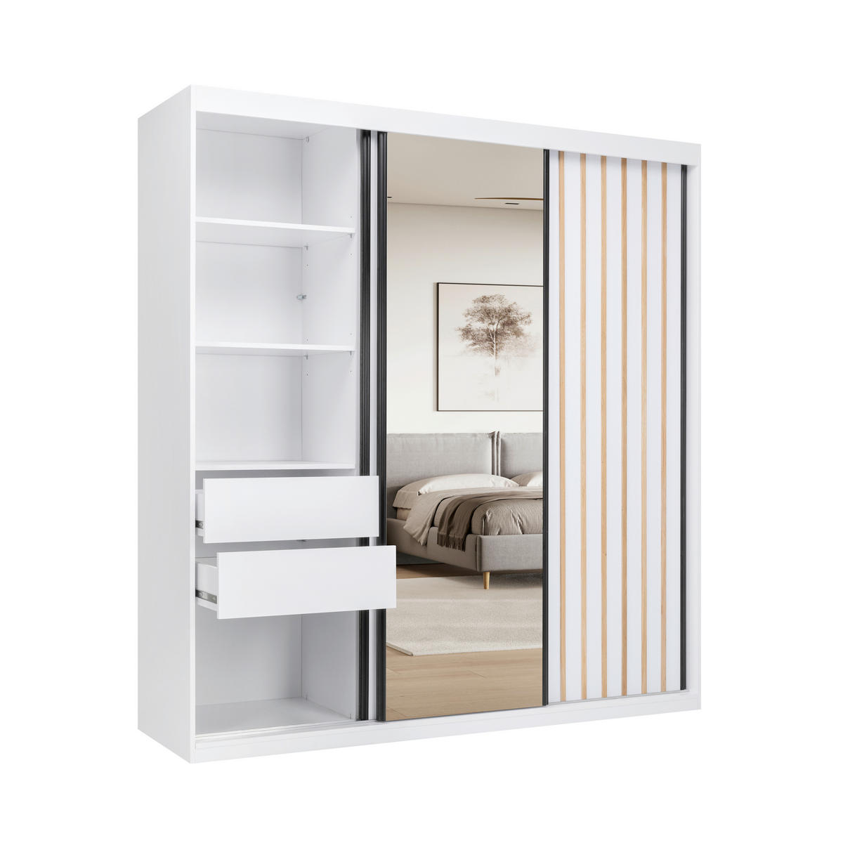 SKRIŇA S POSUVNÝMI DVERAMI, biela, 200/215/59,5 cm - čierna/biela, Modern, kov/kompozitné drevo (200/215/59,5cm) - P & B