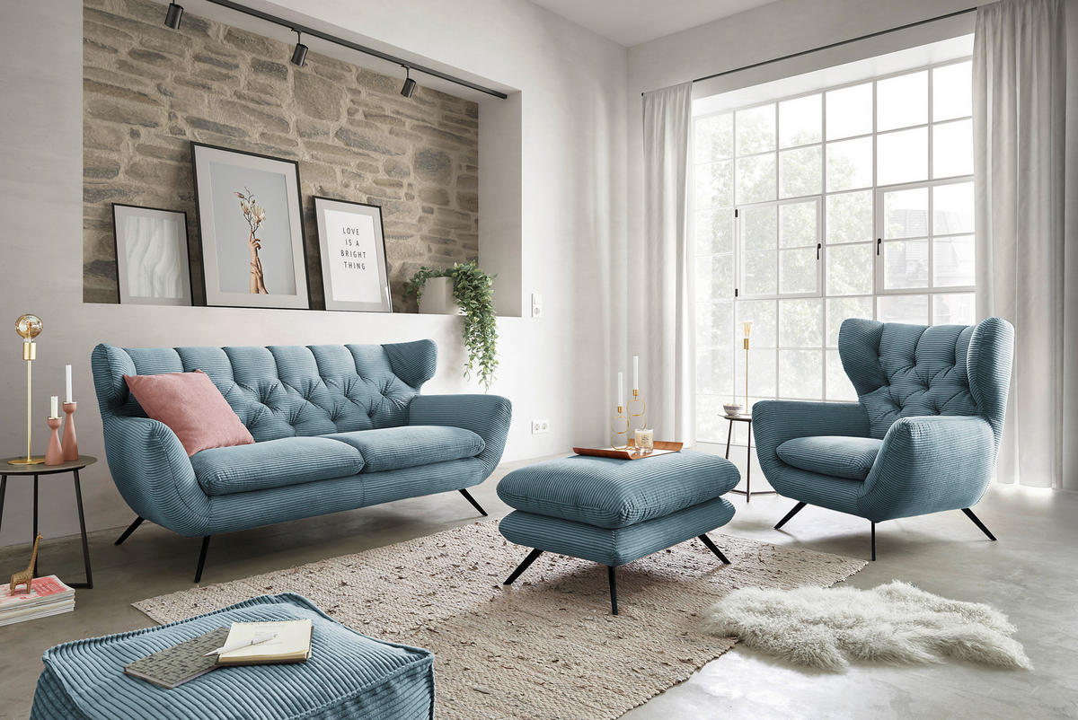 CHESTERFIELD-SOFA Cord Petrol  - Petrol/Schwarz, MODERN, Textil/Metall (160/94/95cm) - Pure Home Lifestyle