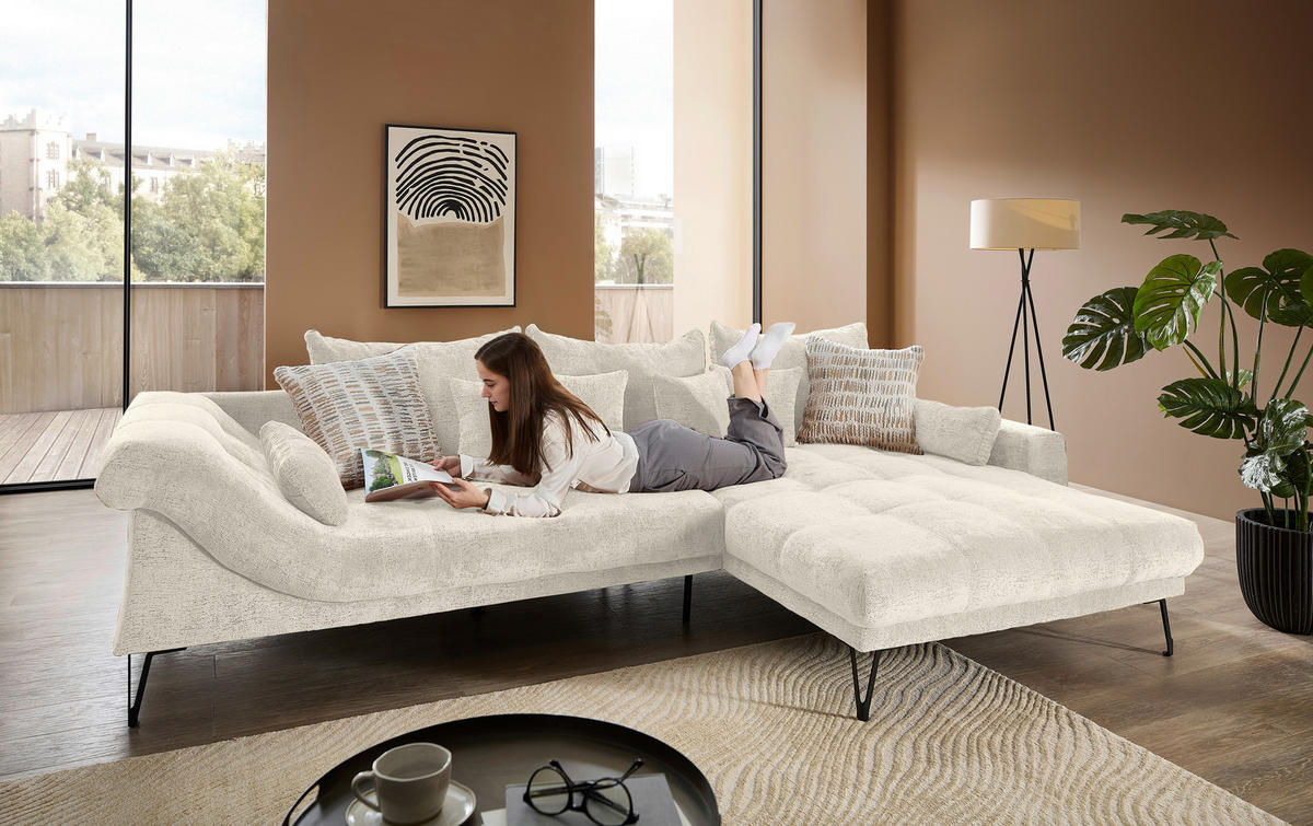 ECKSOFA GARDA in Chenille Creme  310/192 cm  - Creme/Schwarz, KONVENTIONELL, Textil/Metall (310/192cm) - Livetastic