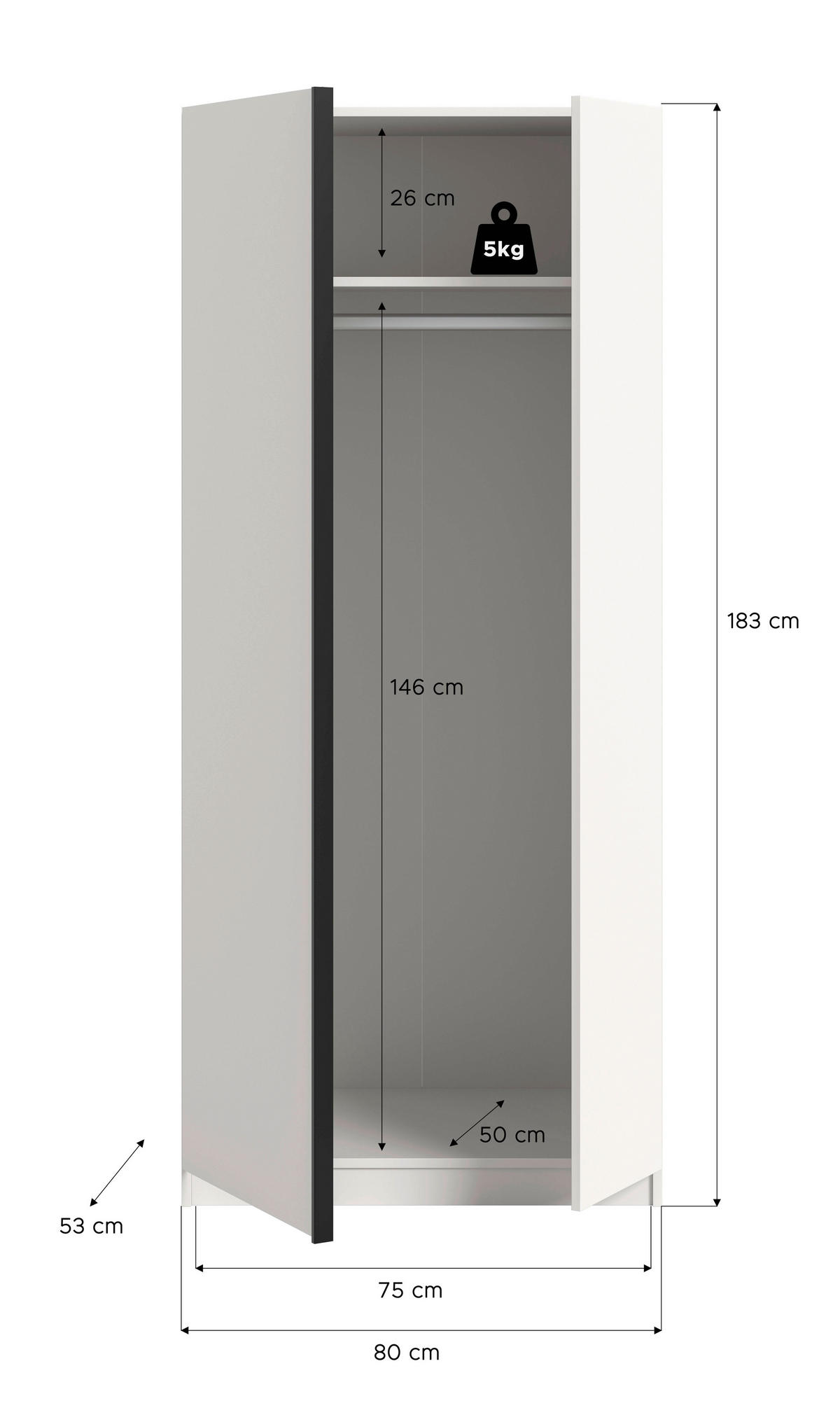 DREHTÜRENSCHRANK 80/183/53 cm,  in Weiß, 2-türig  - Schwarz/Weiß, MODERN, Holzwerkstoff/Kunststoff (80/183/53cm) - MID.YOU