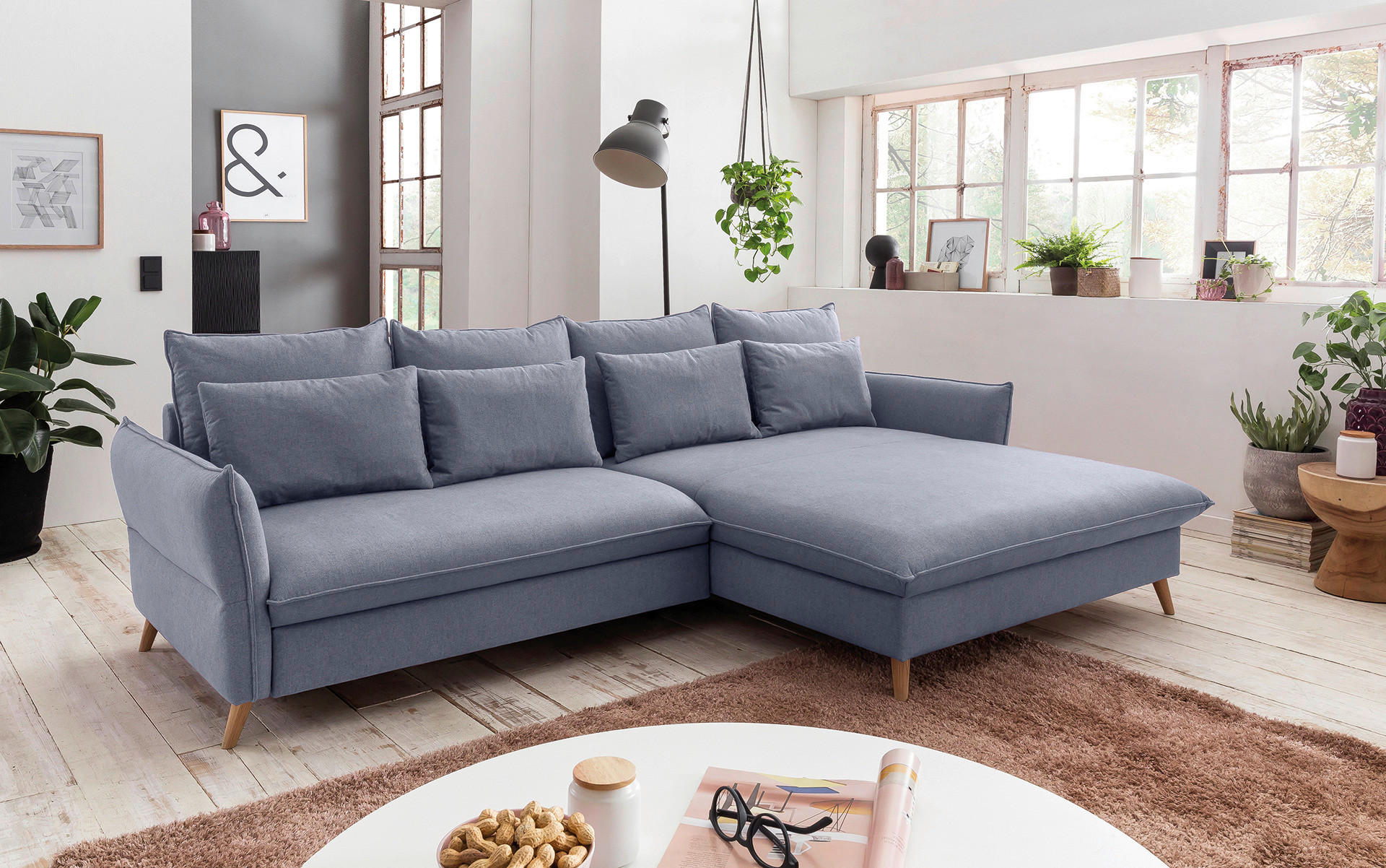 ECKSCHLAFSOFA in Flachgewebe Blau  - Blau/Buchefarben, Design, Holz/Textil (274/170cm) - Livetastic