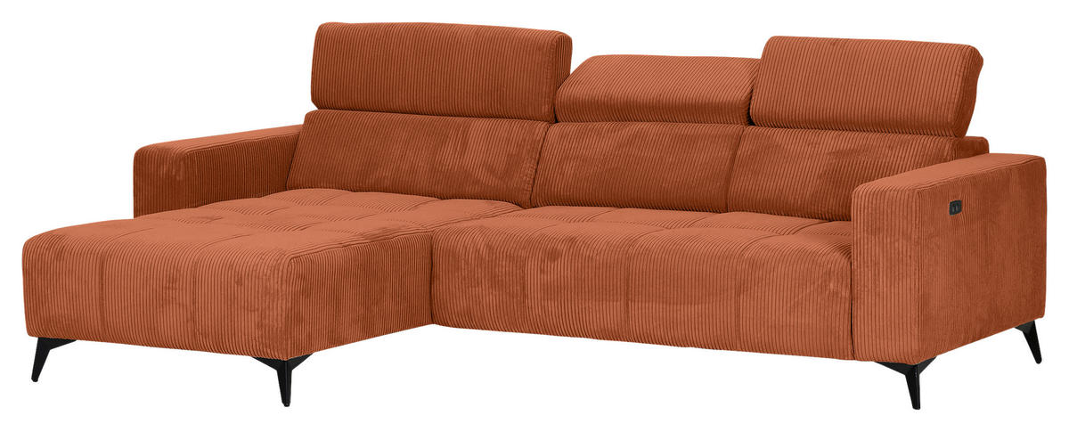 ECKSOFA Rostfarben Cord Rücken echt, Kopfteilverstellung, Sitzvorzug  - Rostfarben/Schwarz, KONVENTIONELL, Textil/Metall (170/257cm) - Carryhome