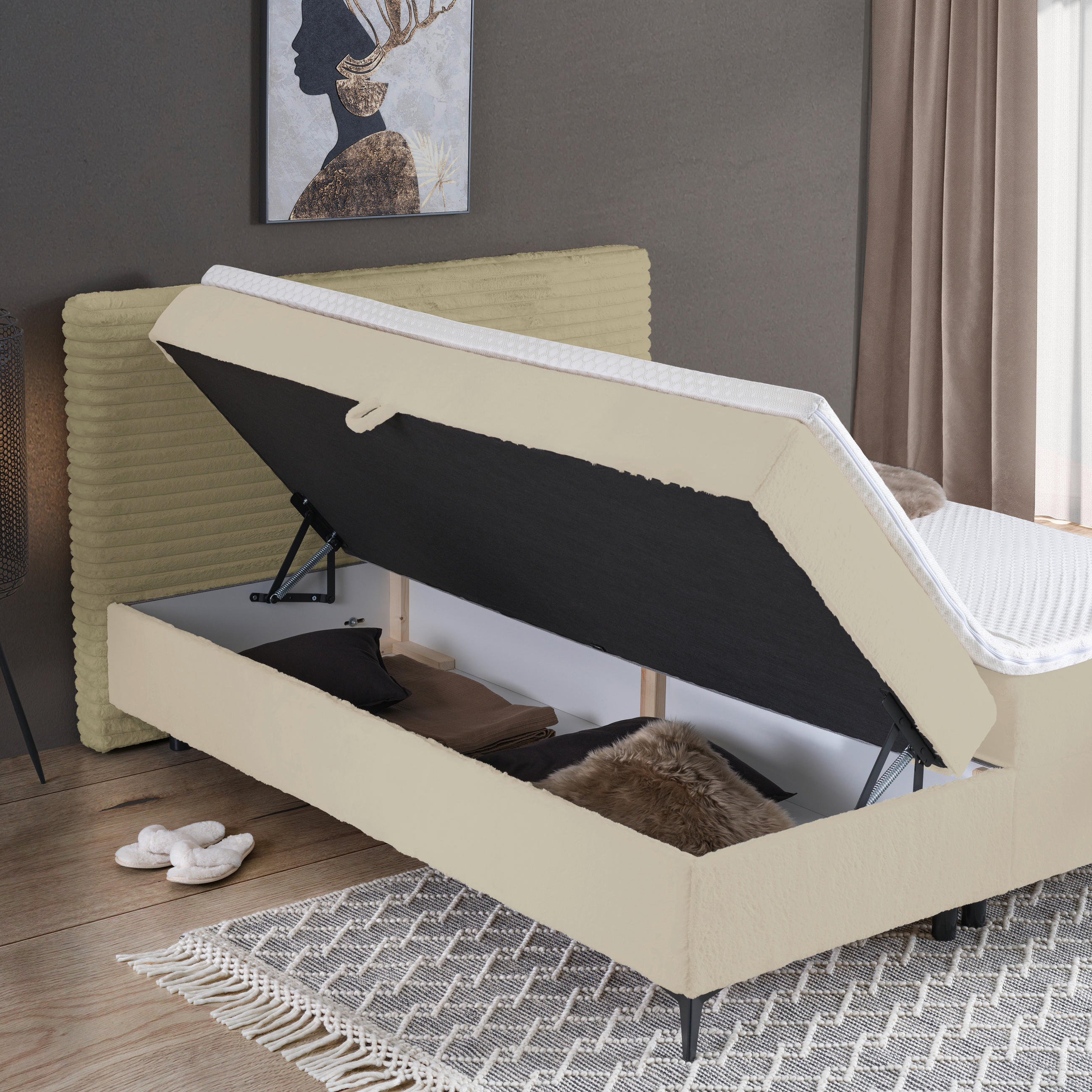 BOXBETT 180/200 cm  in Creme  - Creme/Schwarz, Design, Holz/Holzwerkstoff (180/200cm) - Xora