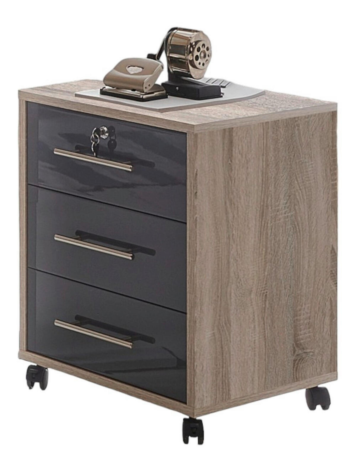 BÜRO in verschiedenen Holz-Dekoren erhältlich, Schreibtisch seitenverkehrt montierbar, abschließbar Sonoma Eiche, Anthrazit Hochglanz - Anthrazit Hochglanz/Sonoma Eiche, MODERN, Holzwerkstoff - MID.YOU