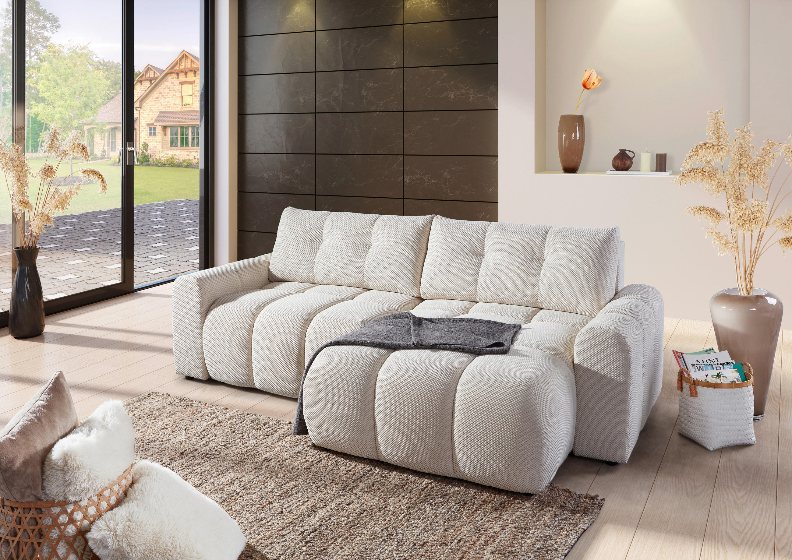 ECKSOFA in Flachgewebe Naturfarben  - Schwarz/Naturfarben, Konventionell, Kunststoff/Textil (256/157cm) - Carryhome