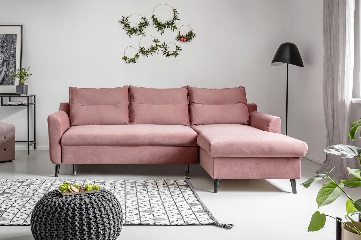 ECKSCHLAFSOFA Stylish Stan Velours Altrosa  inkl. Rückenkissen, Bettkasten, Schlaffunktion  - Schwarz/Altrosa, Basics, Holz/Textil (230/150cm) - MID.YOU