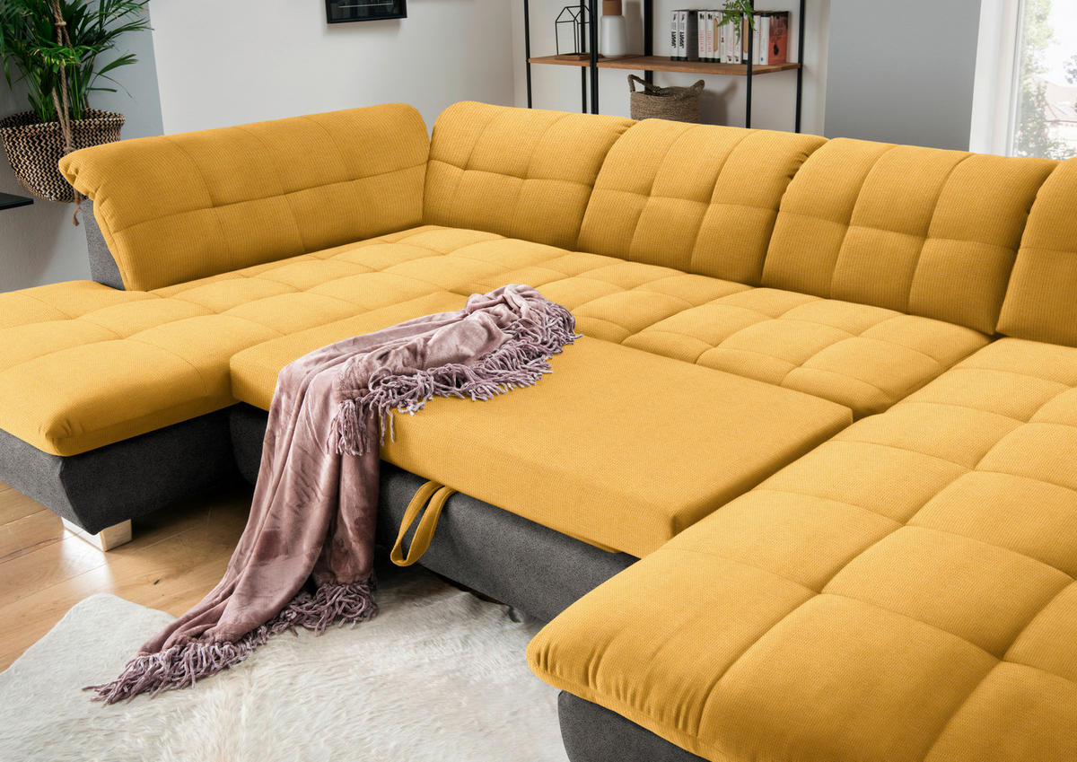 WOHNLANDSCHAFT in Mikrofaser Dunkelgelb, Grau  - Chromfarben/Dunkelgelb, Design, Kunststoff/Textil (211/350/204cm) - Xora