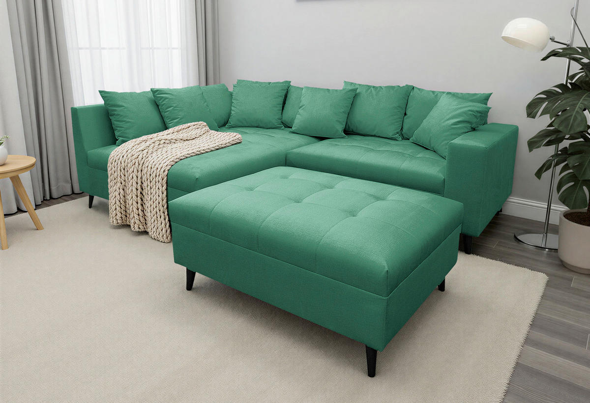 Ecksofa inkl. Hocker  in Mikrofaser Grün  174/247 cm  - Schwarz/Grün, Design, Holz/Textil (174/247cm) - MID.YOU