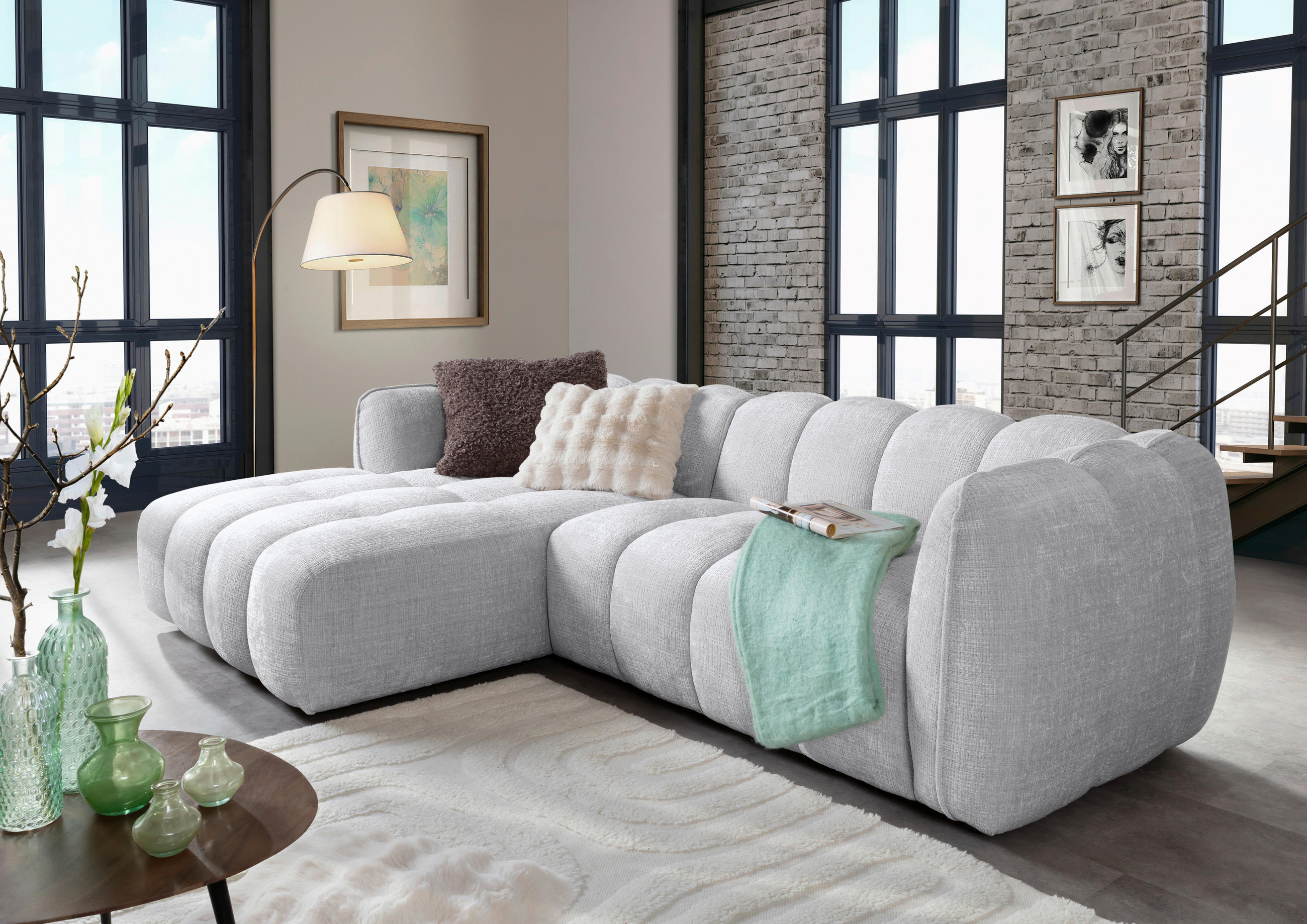 HÖRNSOFFA i chenille ljusgrå - ljusgrå/svart, Klassisk, textil/plast (172/272cm) - MID.YOU