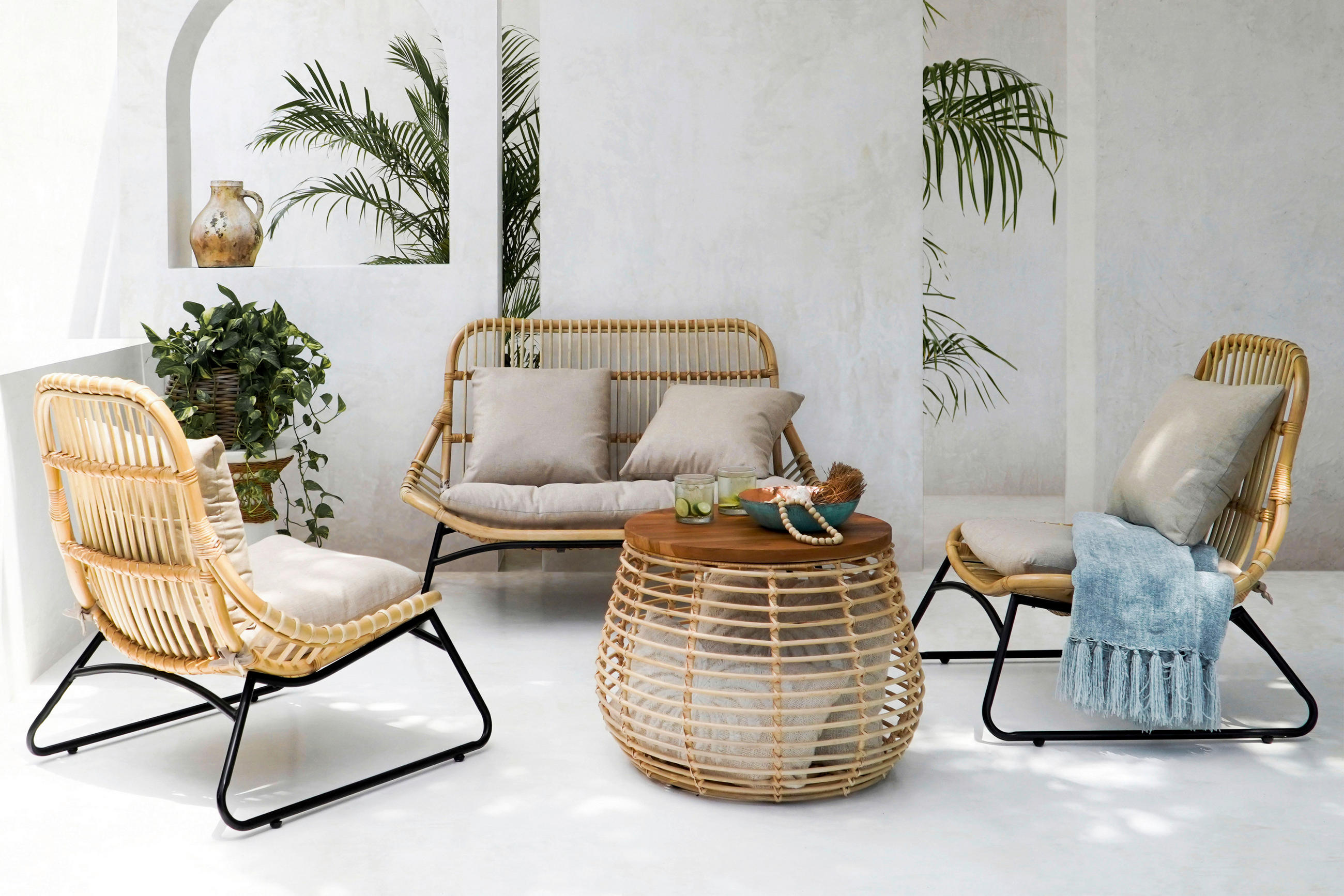 RATTAN-SITZGARNITUR Naturfarben  - Schwarz/Naturfarben, Natur, Naturmaterialien/Holz - Livetastic