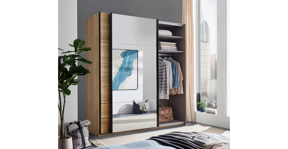 SCHWEBETÜRENSCHRANK 215/225,5/60,5 cm 2-türig Eichefarben  - Eichefarben/Schwarz, MODERN, Glas/Holzwerkstoff (215/225,5/60,5cm) - Xora