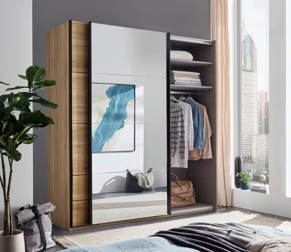 SCHWEBETÜRENSCHRANK Eichefarben  - Eichefarben/Schwarz, Modern, Glas/Holzwerkstoff (215/225,5/60,5cm) - Xora
