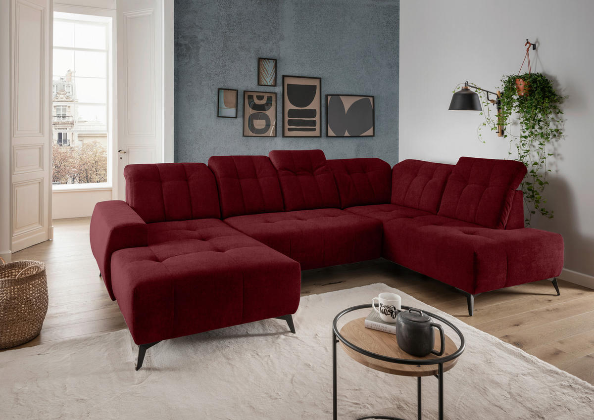 WOHNLANDSCHAFT Bordeaux Mikrofaser  - Bordeaux/Schwarz, MODERN, Textil/Metall (180/337/200cm) - Livetastic