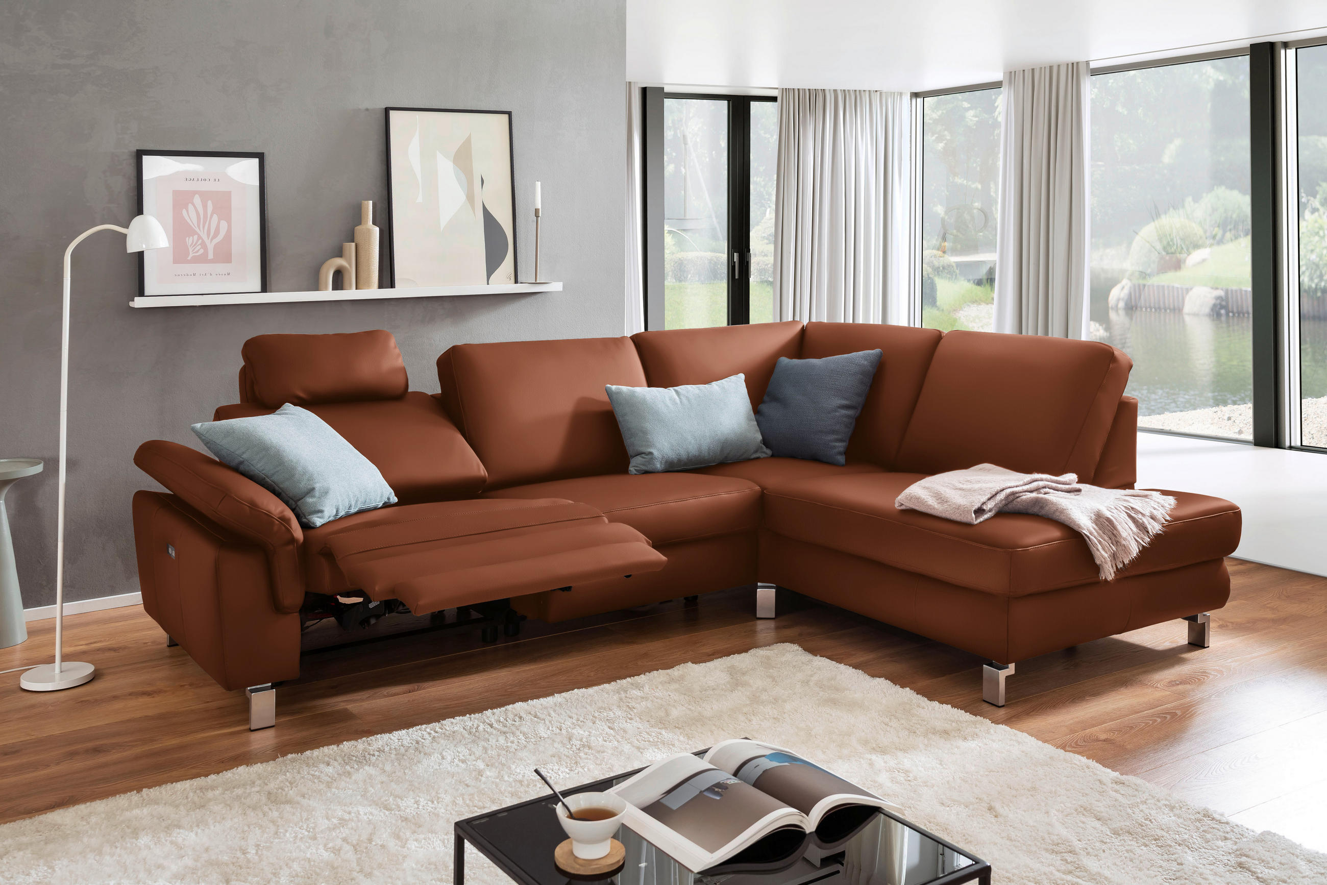 ECKSOFA in Echtleder Braun  - Chromfarben/Braun, Design, Leder/Metall (271/200cm) - Pure Home Lifestyle