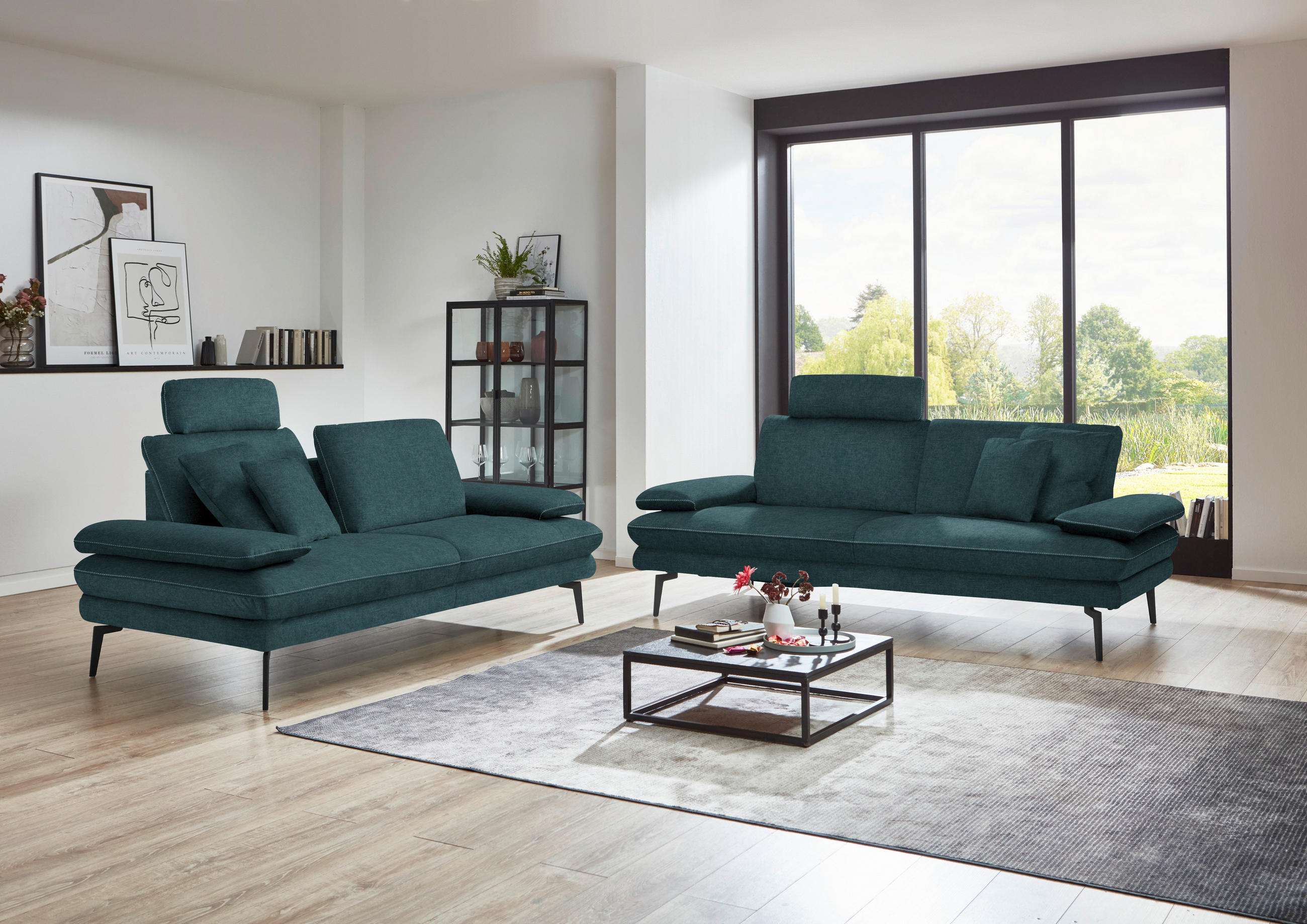 3-SITZER-SOFA in Velours Petrol  - Beige/Petrol, Design, Textil/Metall (222/89/104cm) - Dieter Knoll