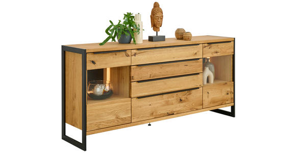 SIDEBOARD Schwarz, Eichefarben  180,4/85/42 cm  - Eichefarben/Schwarz, Natur, Glas/Holz (180,4/85/42cm) - Linea Natura