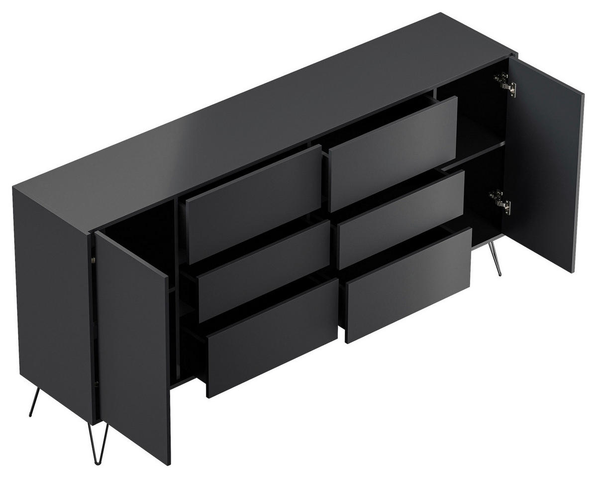 SIDEBOARD Posseik Industrial 199/93,6/42 cm 6 Schublade(n)  - Graphitfarben/Schwarz, Design, Holzwerkstoff/Metall (199/93,6/42cm) - P & B
