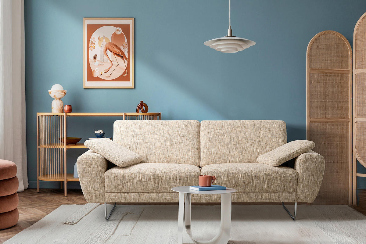 3-SITZER-SOFA SPRING in Webstoff Beige Modern  - Chromfarben/Beige, Design, Textil/Metall (187/85/92cm) - Livetastic