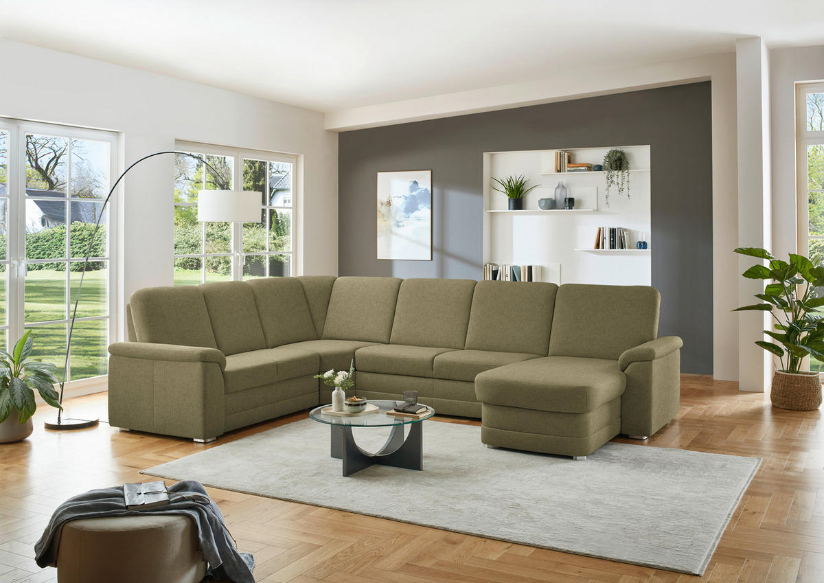 WOHNLANDSCHAFT  in Chenille Schilfgrün  - Schilfgrün/Alufarben, KONVENTIONELL, Holz/Textil (235/329/160cm) - Beldomo Comfort