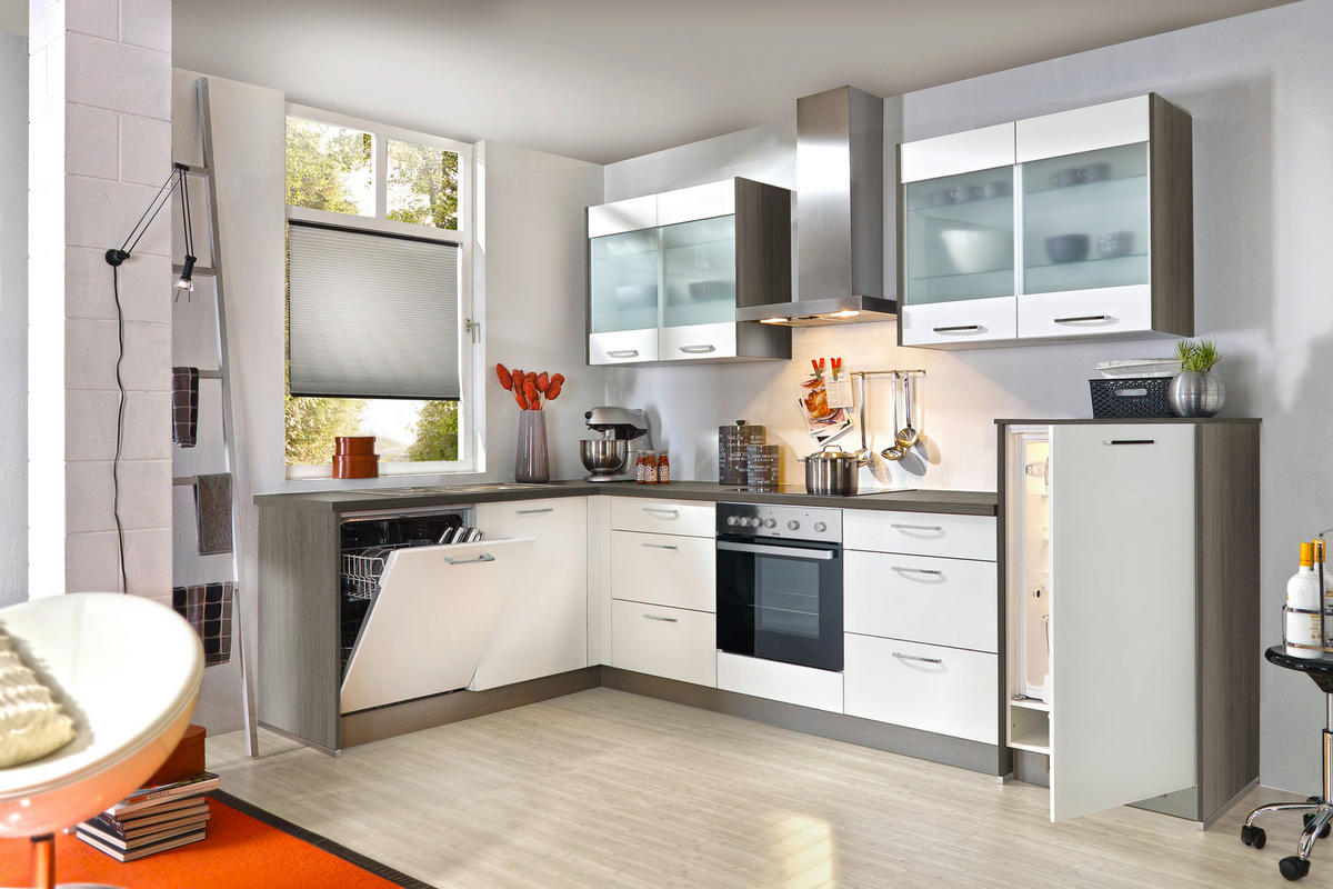 KÜCHENLEERBLOCK  185/305 cm  in Weiß, Eiche grau  - Edelstahlfarben/Eiche grau, KONVENTIONELL, Holzwerkstoff/Metall (185/305cm) - Express