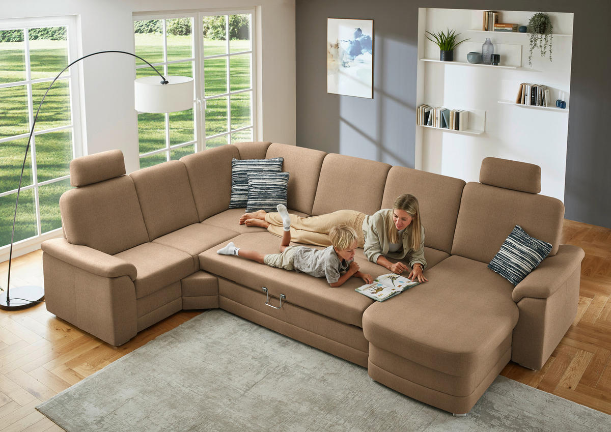 WOHNLANDSCHAFT  in Chenille Altrosa, Hellbraun  - Hellbraun/Alufarben, KONVENTIONELL, Holz/Textil (235/329/160cm) - Beldomo Comfort