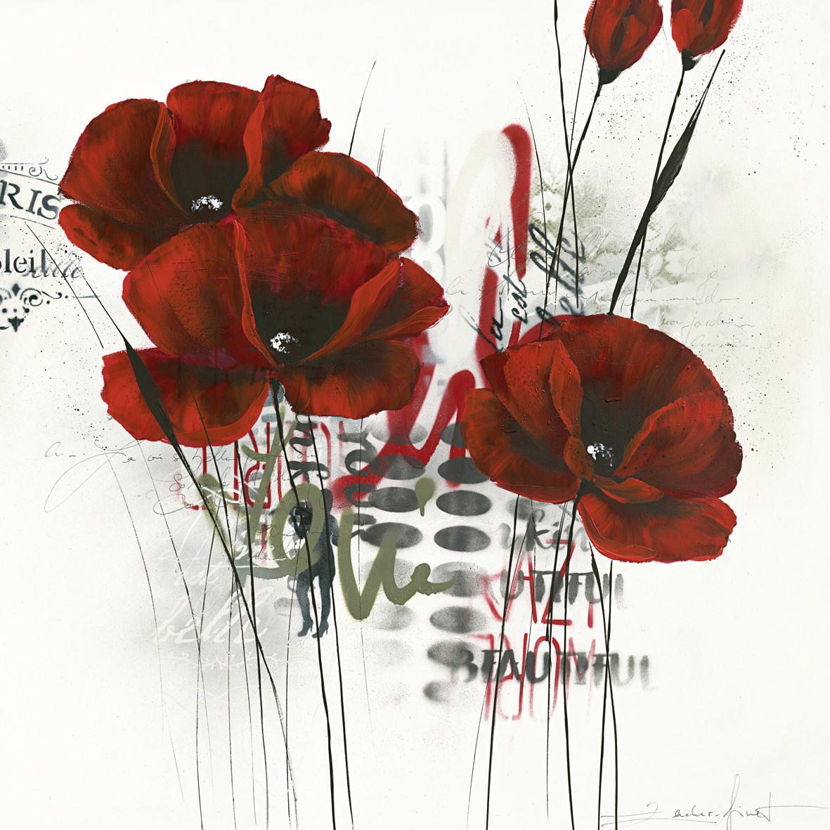 KUNSTDRUCK Isabelle Zacher-Finet Blumen Pavot d’hiver abstrait 2.0 I - Rot/Schwarz, Basics, Papier (30/30cm) - Monee