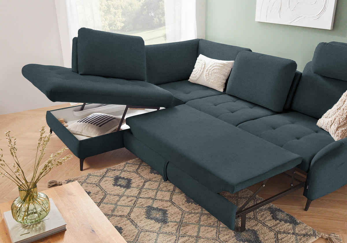 ECKSOFA Blau Flachgewebe  - Blau/Schwarz, Natur, Textil/Metall (233/288cm) - Valnatura
