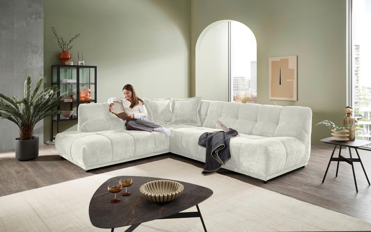 ECKSOFA ITALIA in Chenille Creme  250/284 cm  - Creme/Schwarz, MODERN, Kunststoff/Textil (250/284cm) - Livetastic