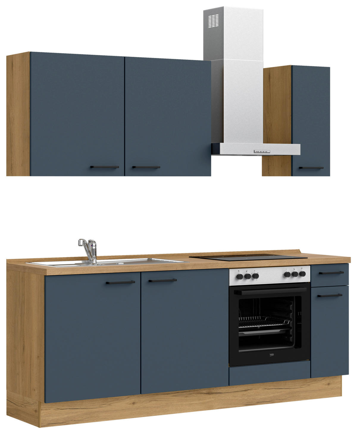 KÜCHENBLOCK 210 cm   in Eichefarben, Dunkelblau  - Eichefarben/Schwarz, MODERN, Holzwerkstoff/Metall (210cm) - Nobilia