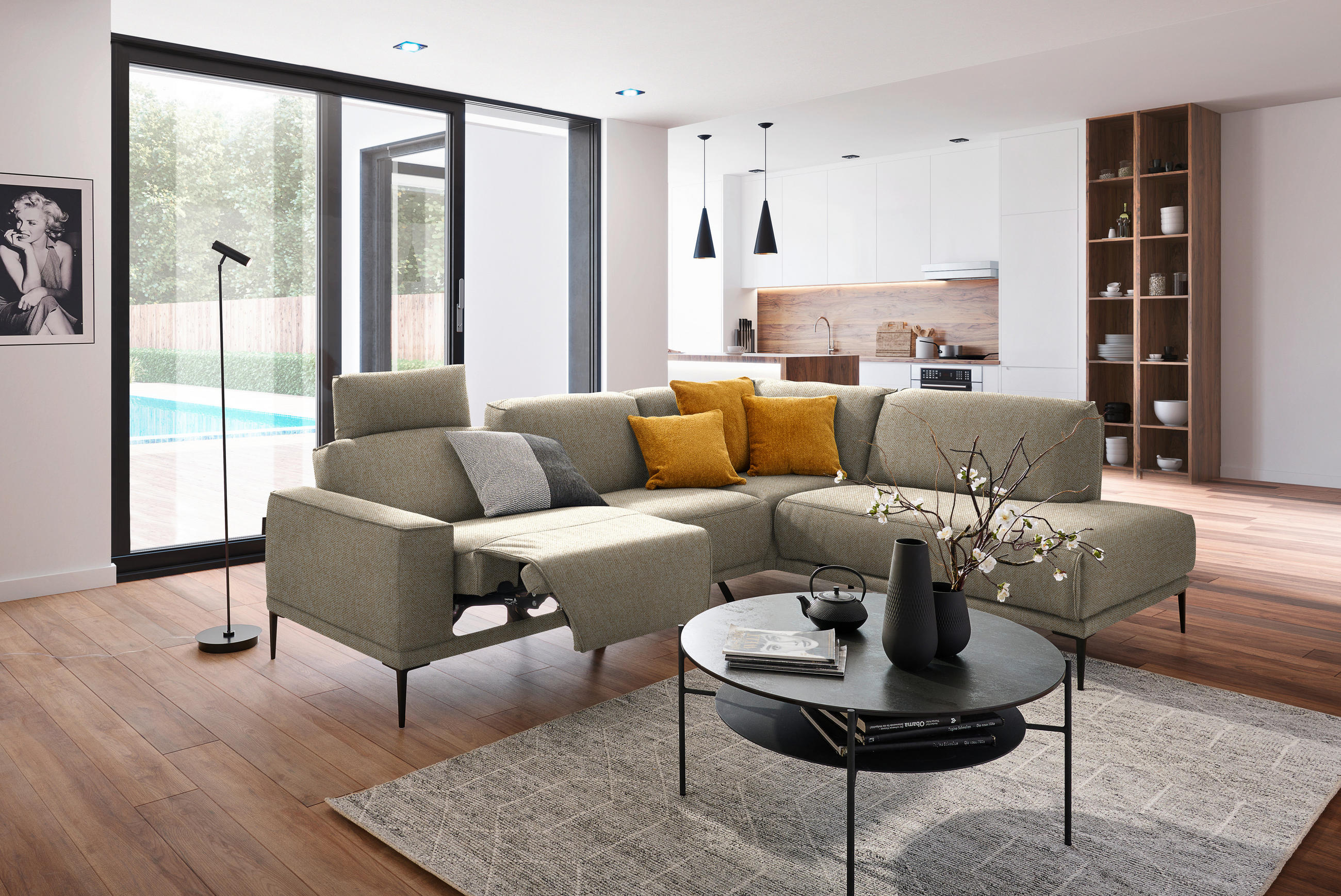 ECKSOFA in Flachgewebe Sandfarben  - Sandfarben/Schwarz, Design, Textil/Metall (260/210cm) - Johann Jakob