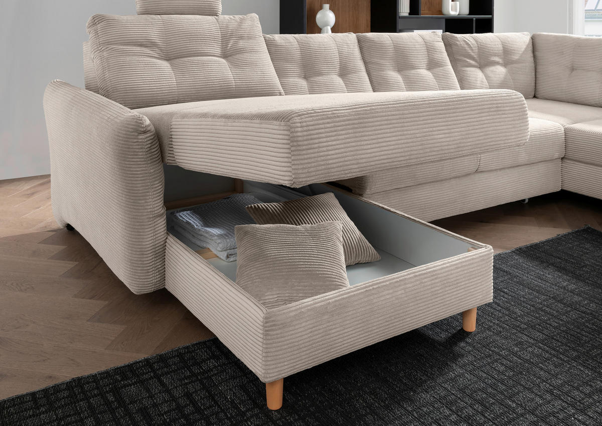 WOHNLANDSCHAFT in Cord Beige  - Beige/Naturfarben, Modern, Holz/Textil (176/338-352/206cm) - Livetastic